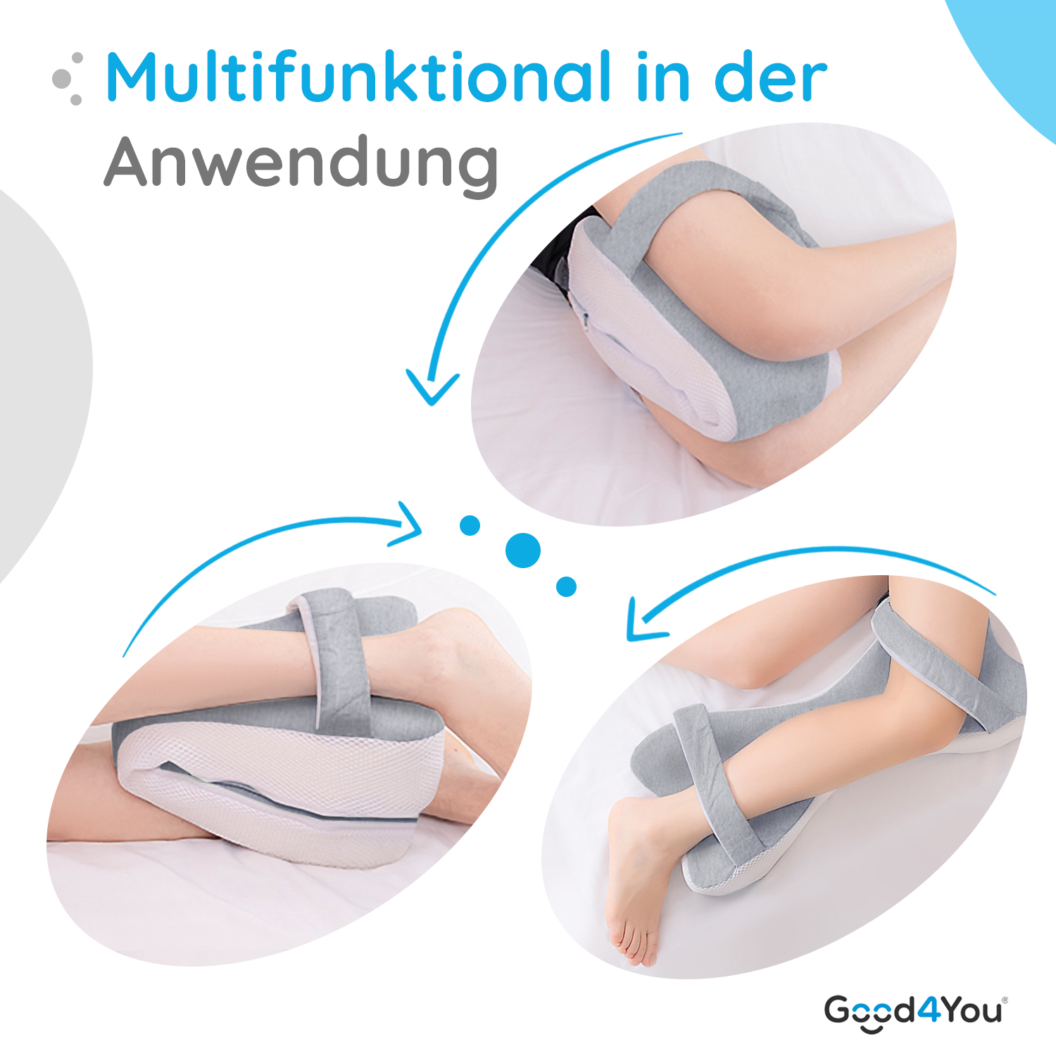 Drei Bilder zeigen ein Bein-Stützkissen in verschiedenen Positionen, mit Good4You-Logo.