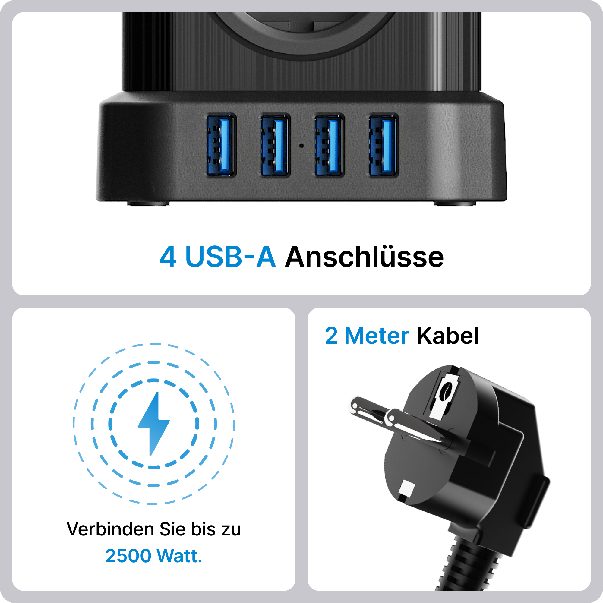 Czarny hub USB z 4 portami. Zawiera kabel zasilający i info o pojemności.
