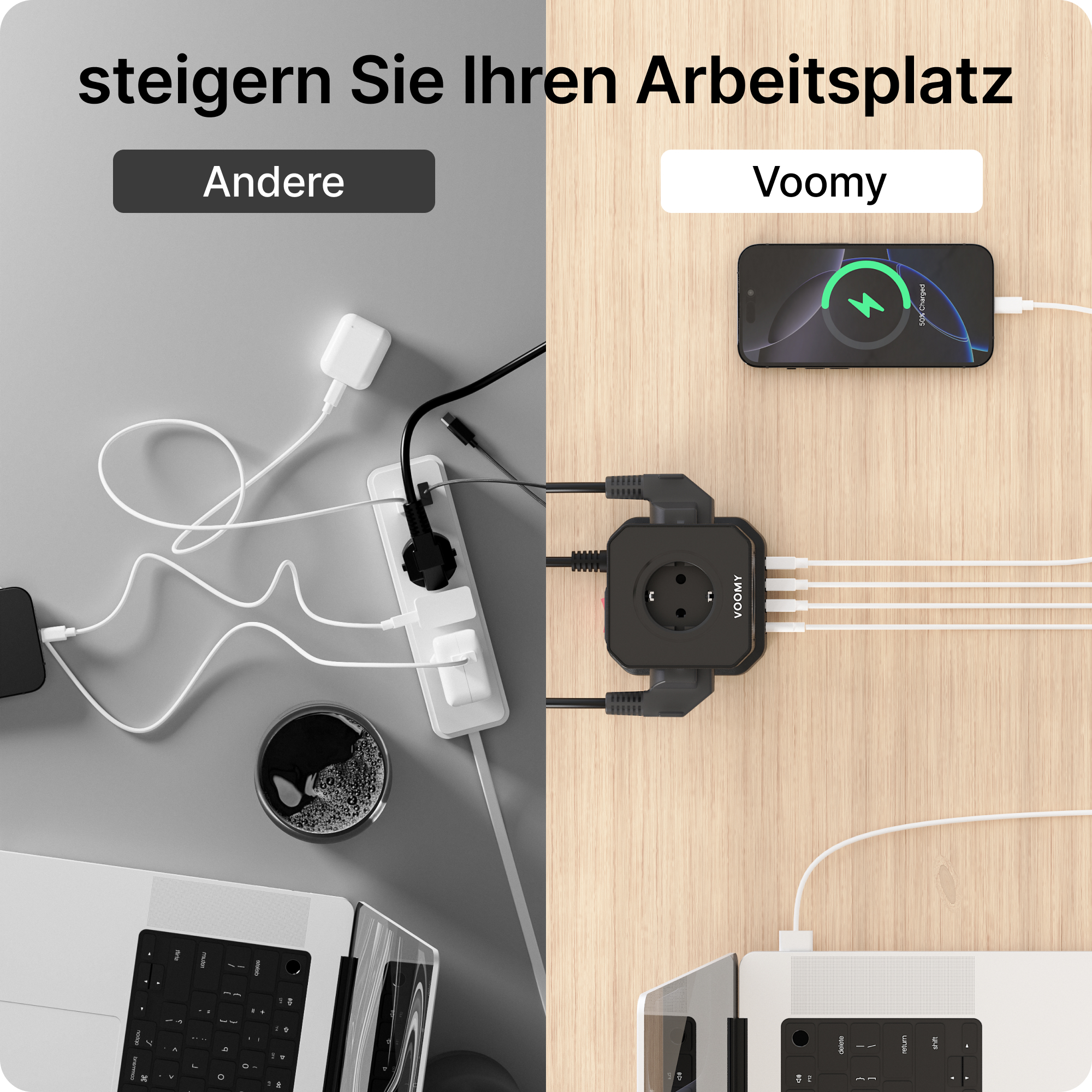 Listwa zasilająca z wieloma wtyczkami. Obok nowoczesny hub zasilania z ładowaniem telefonu.