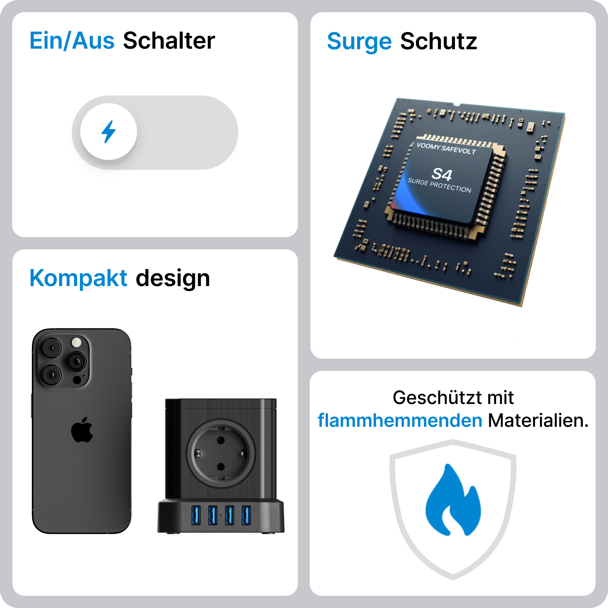 Obraz przedstawia listwę zasilającą z włącznikiem, ochroną przeciwprzepięciową i telefonem.