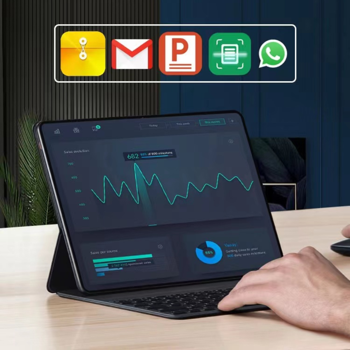 Tablet auf einem Schreibtisch, zeigt ein Diagramm und App-Symbole. Die Apps sind: Datei, E-Mail, Präsentation, Dokument und WhatsApp.