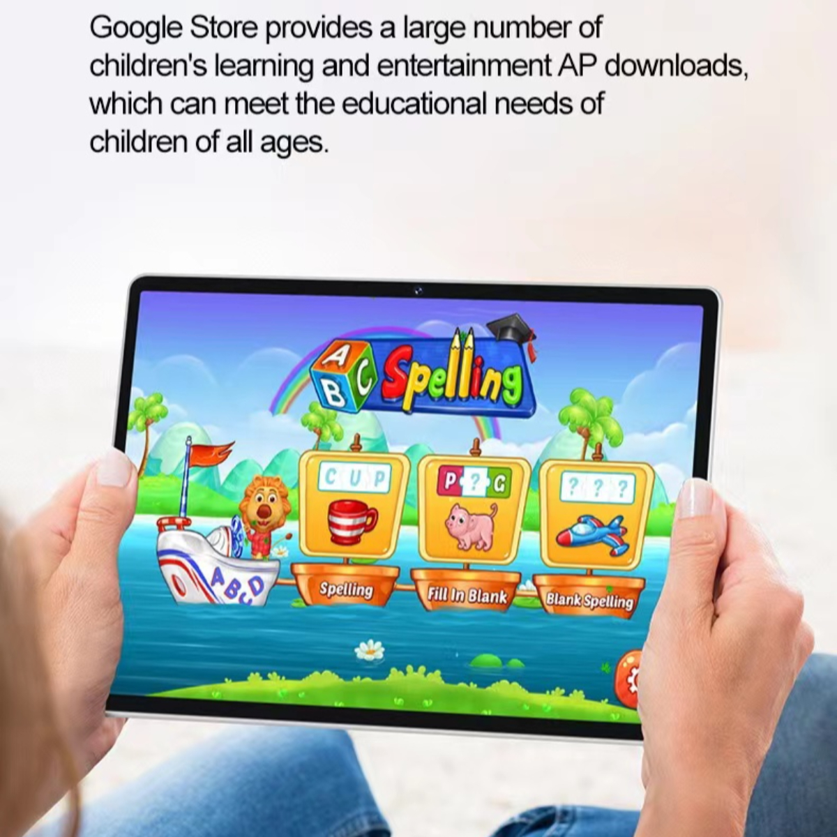 Ein Tablet zeigt ein farbenfrohes Kinderspiel. Hände halten das Tablet.