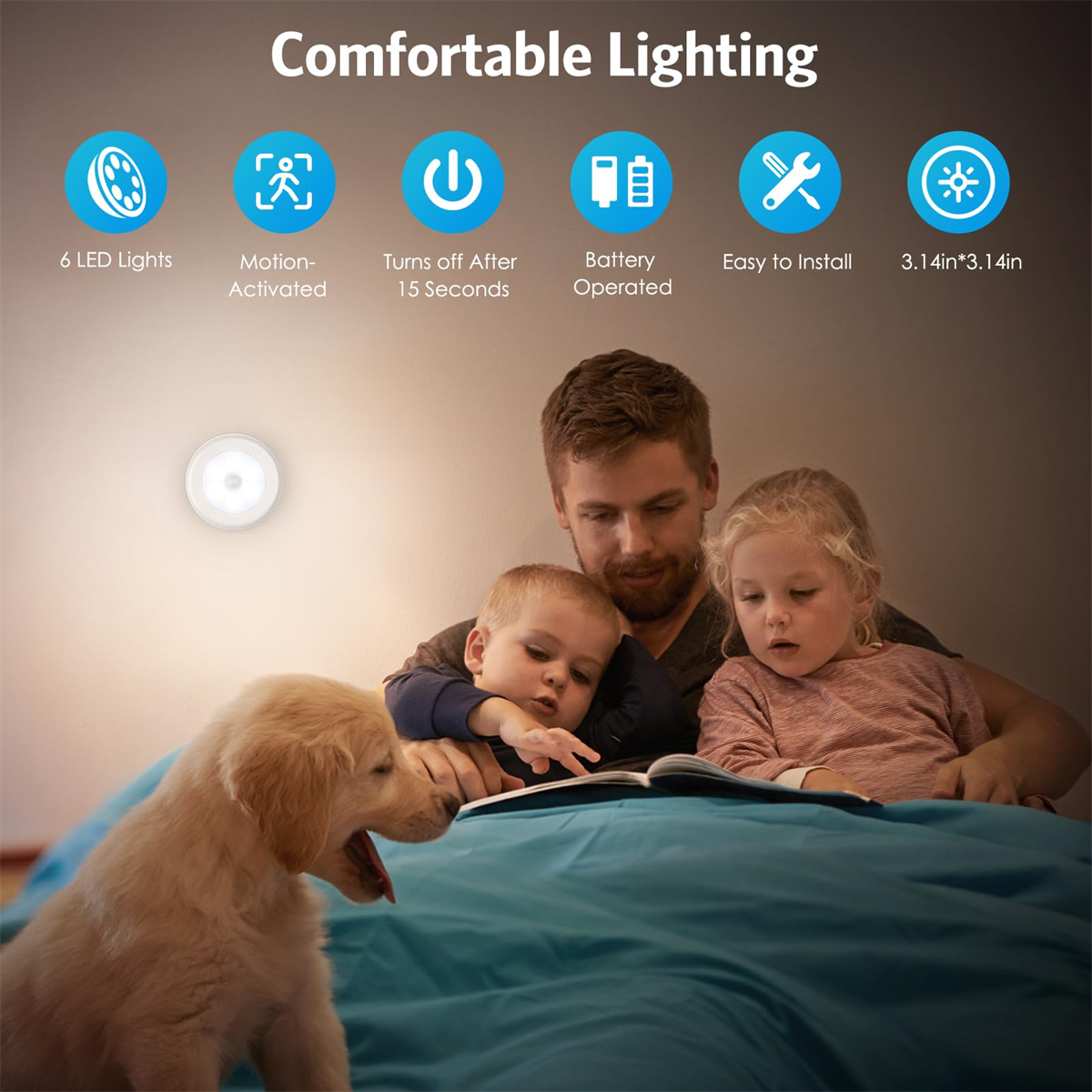 Ein Mann, Kinder und Hund in einem Raum. Eine Wandleuchte ist an. Text sagt 'Comfortable Lighting'.