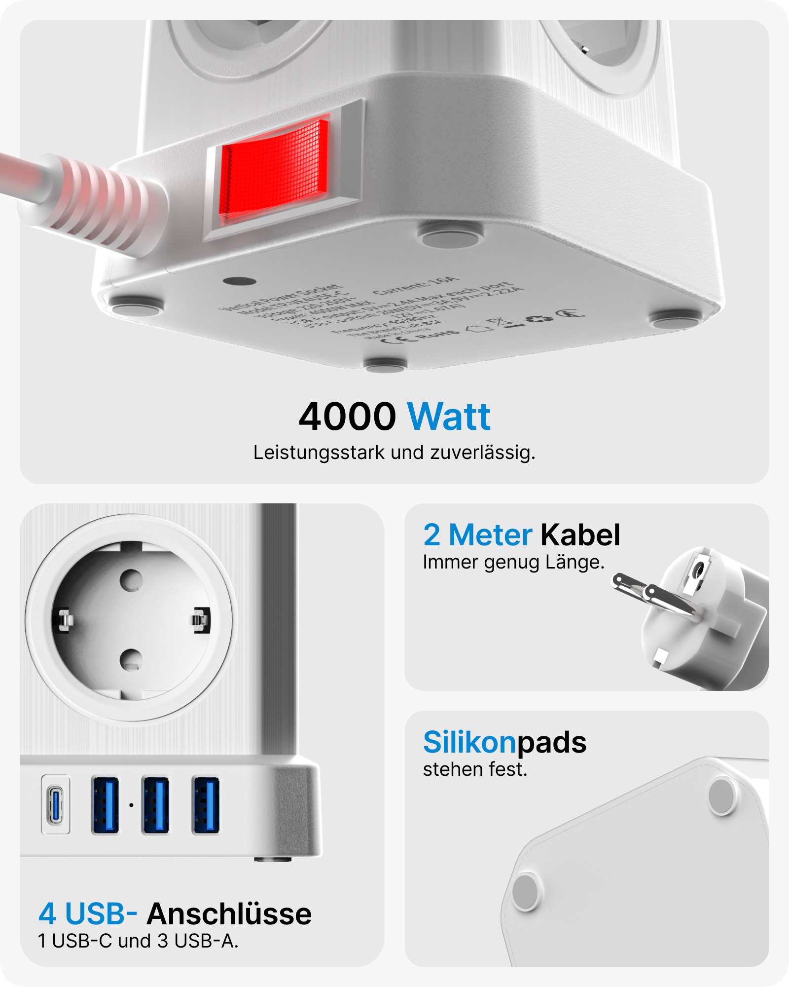 Biała i srebrna listwa zasilająca. Ma 4 porty USB, czerwony przełącznik i tekst.