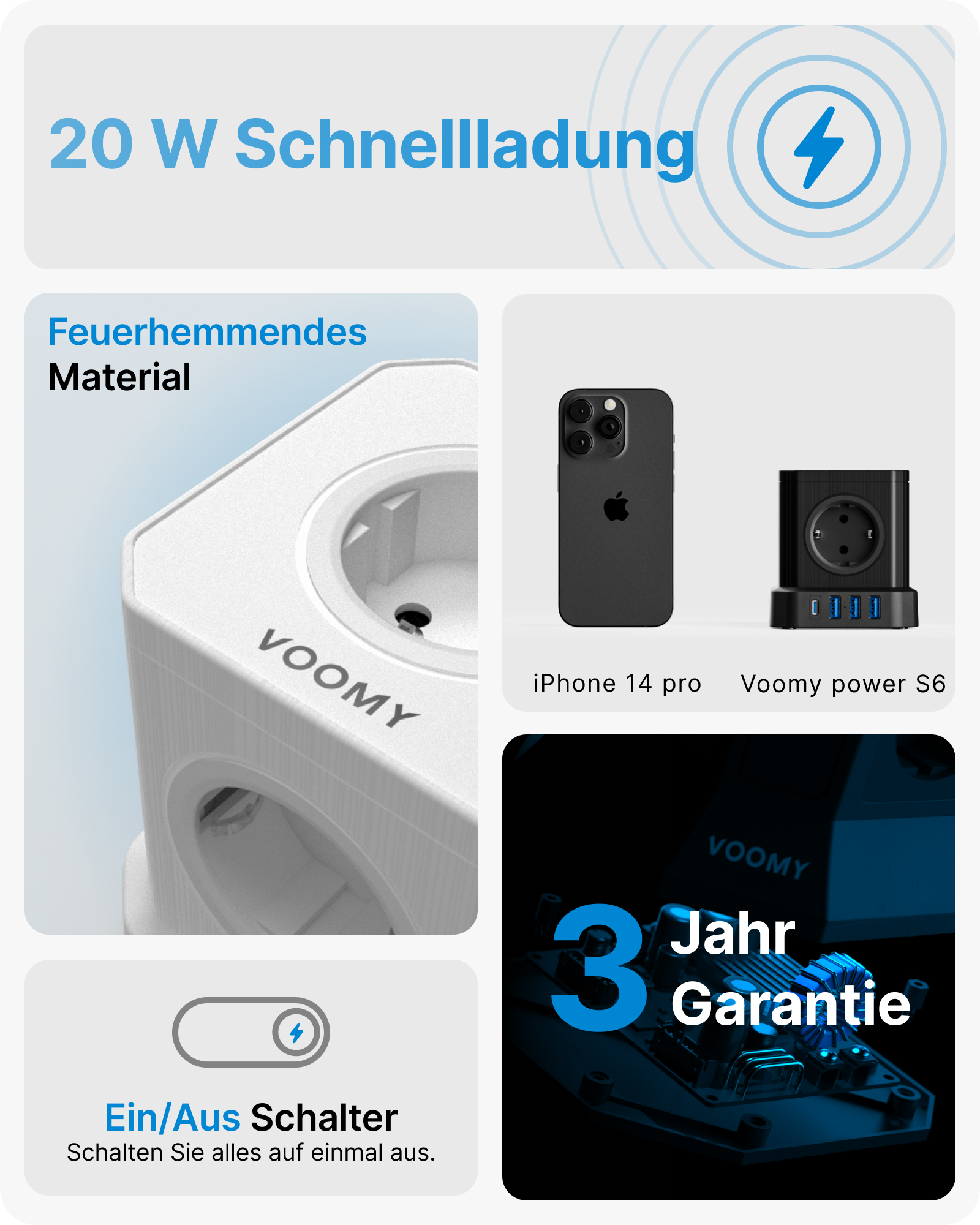 Adapter zasilania z wieloma portami z telefonem, gniazdem i przełącznikiem.