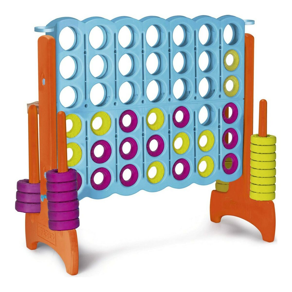 Een gigantische Connect Four-spellen, met een blauw rooster en een oranje frame. Het heeft paarse en gele spelstukken.