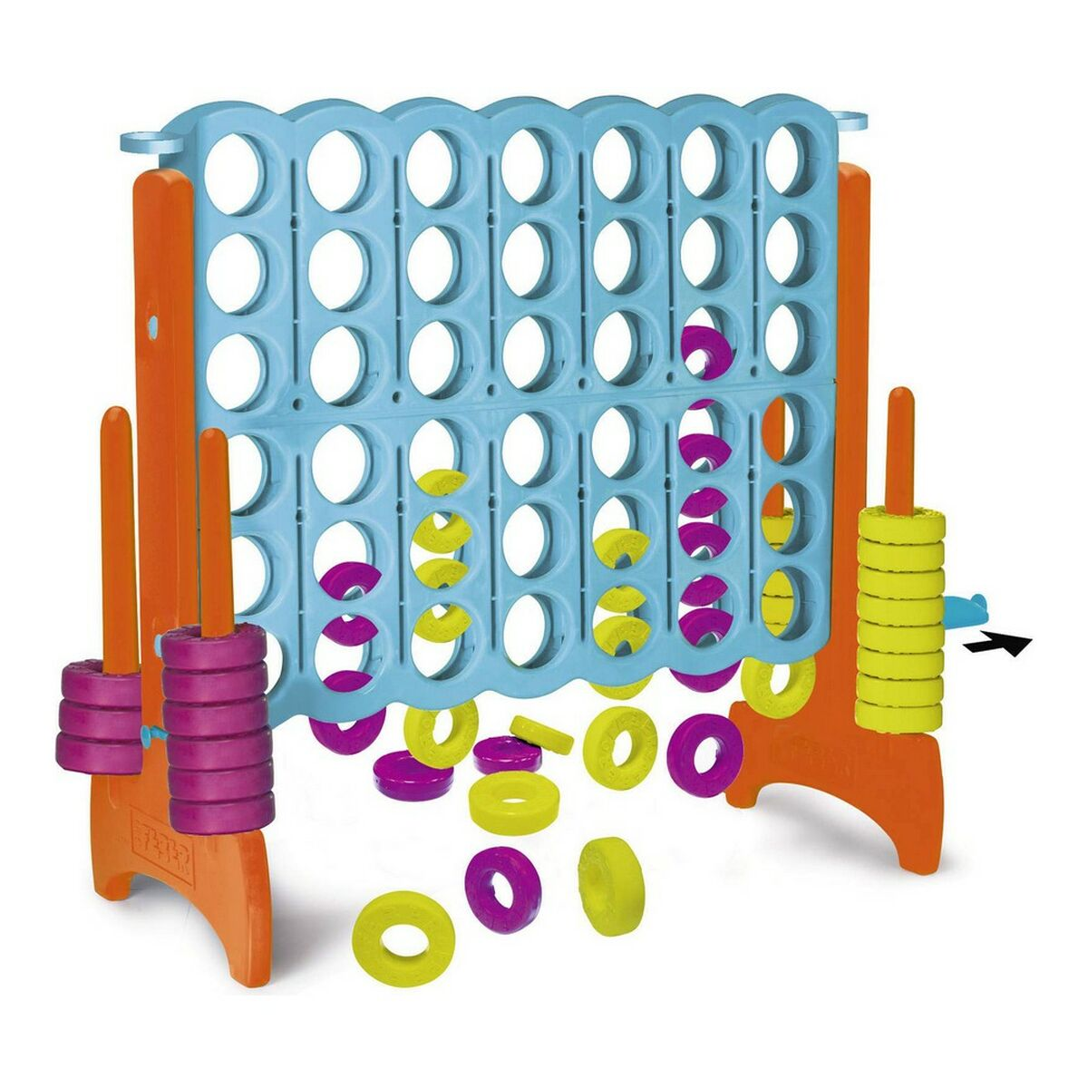 Connect 4-spelbord met oranje en blauwe elementen.