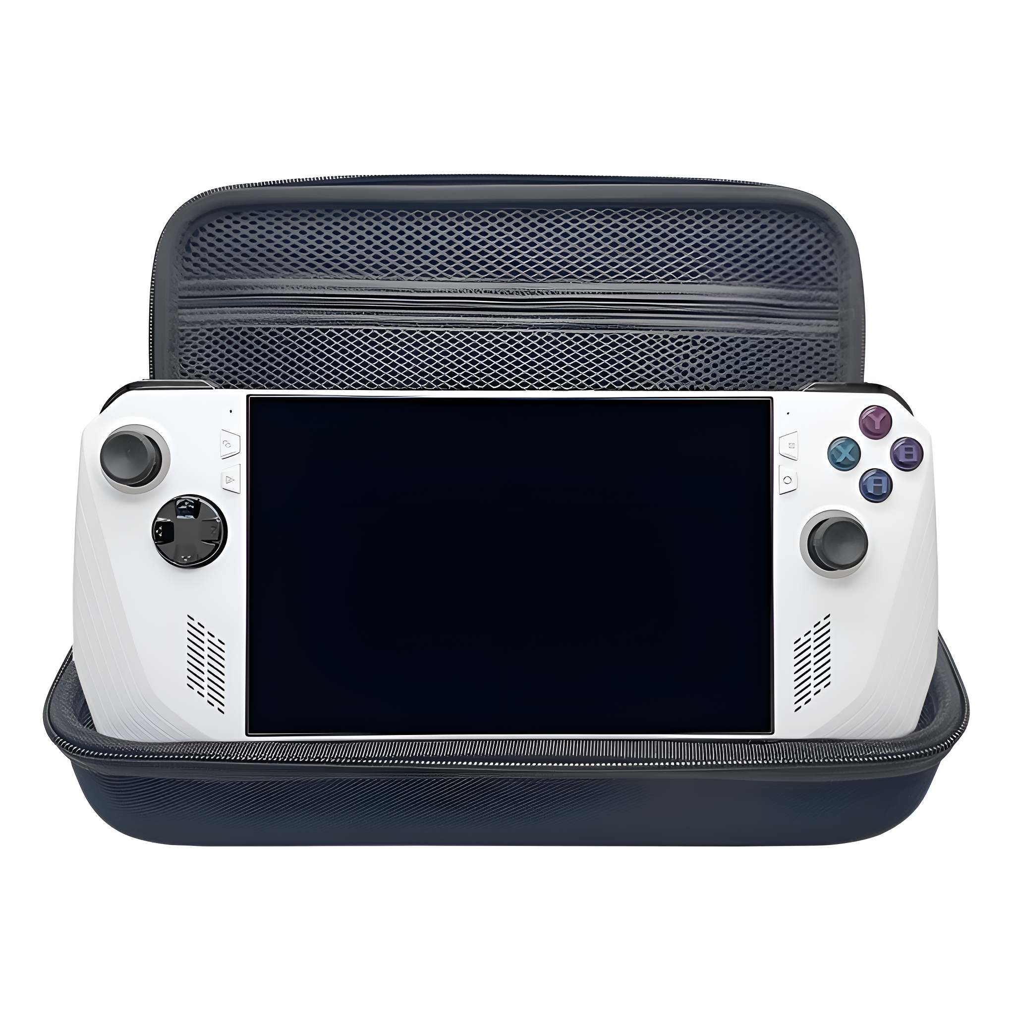 Eine weiße Handheld-Spielekonsole in einem dunkelblauen Gehäuse. Die Konsole hat Knöpfe und einen Bildschirm.