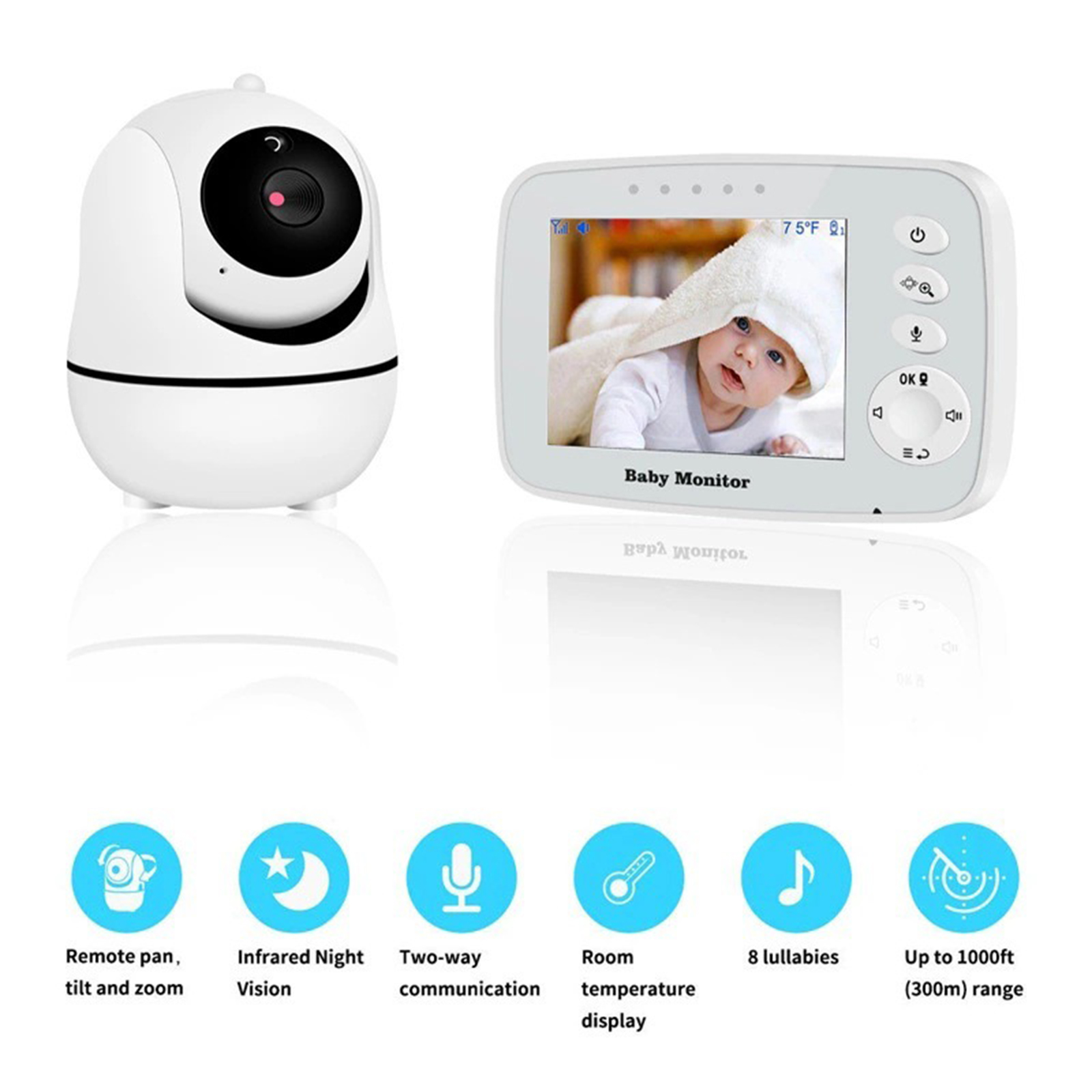 Weißer Babyphone mit Bildschirm, der ein Baby zeigt, und separater Kamera.