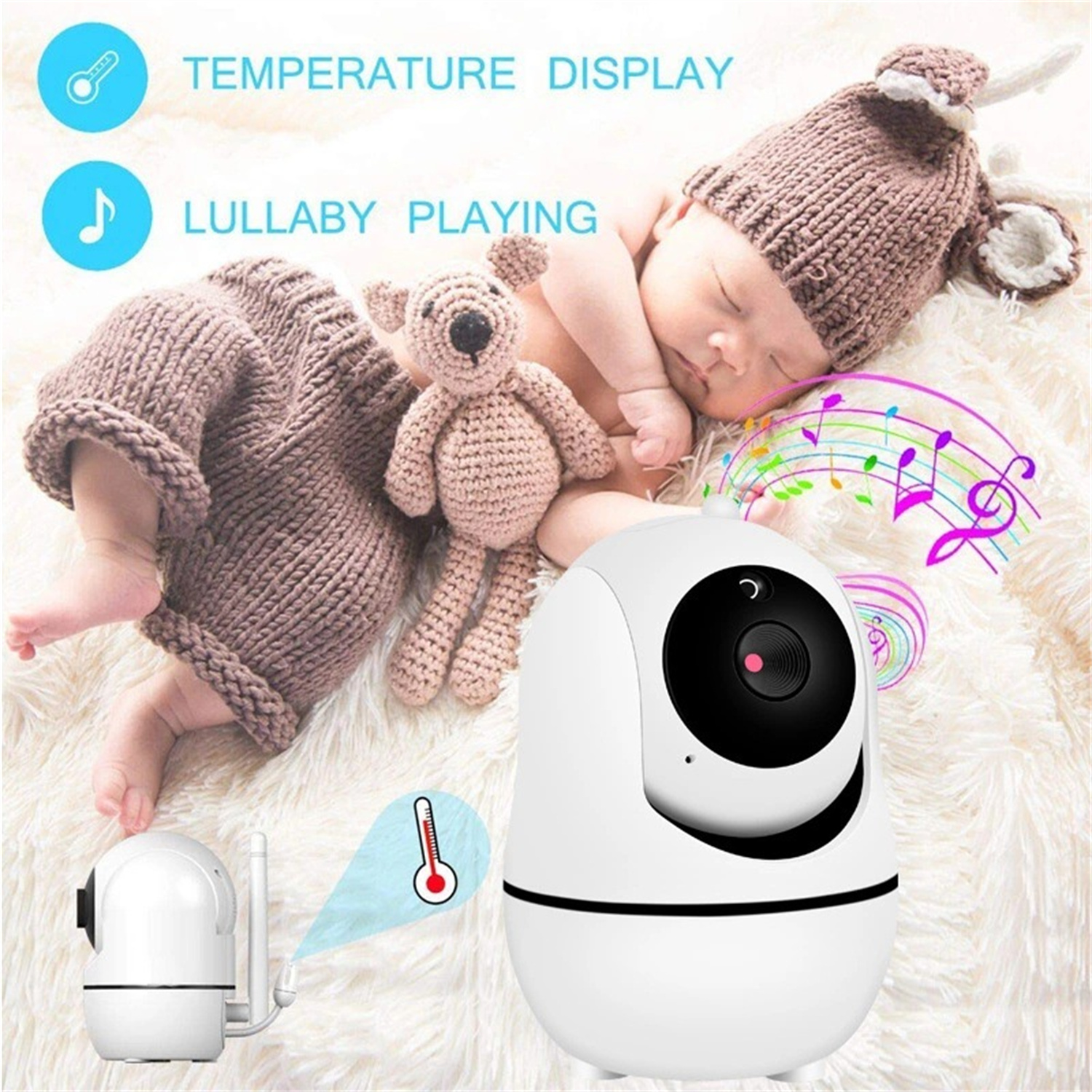Ein schlafendes Baby mit einem Teddybären und ein Babyphone mit Temperaturanzeige.