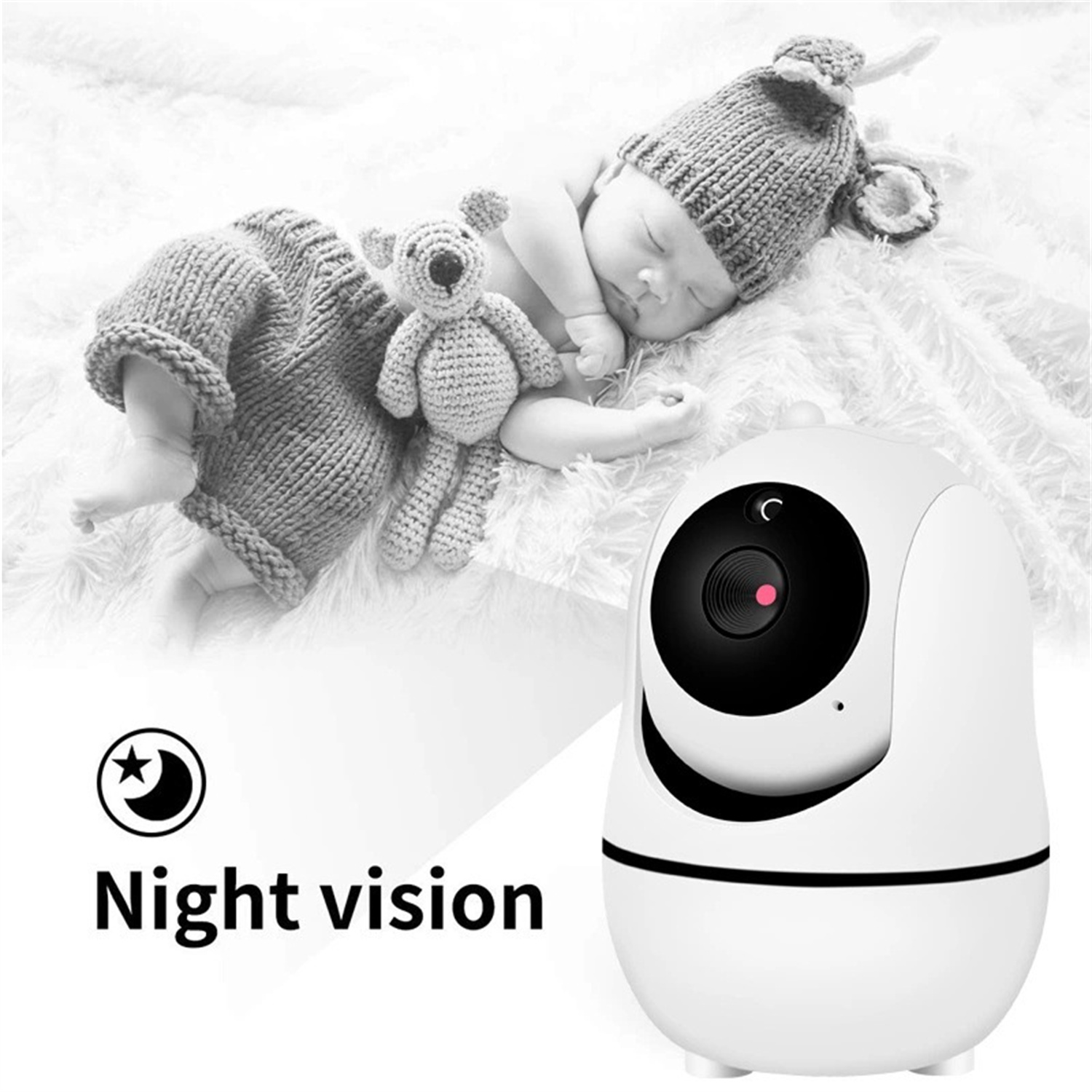 Ein Baby schläft neben einer weißen Nachtsichtkamera. Die Kamera hat ein rotes Licht.