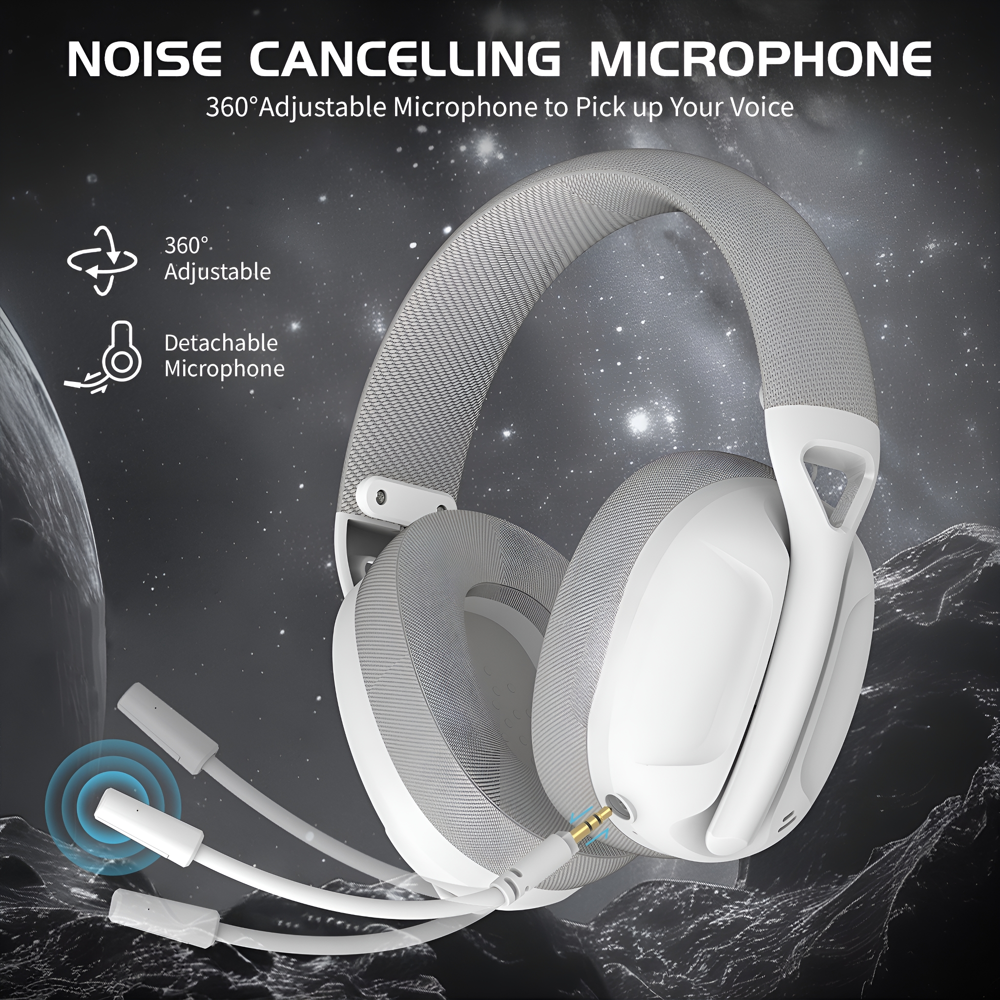 Weißes Gaming-Headset mit abnehmbarem Mikrofon. Text hebt Noise-Cancelling-Funktion hervor.