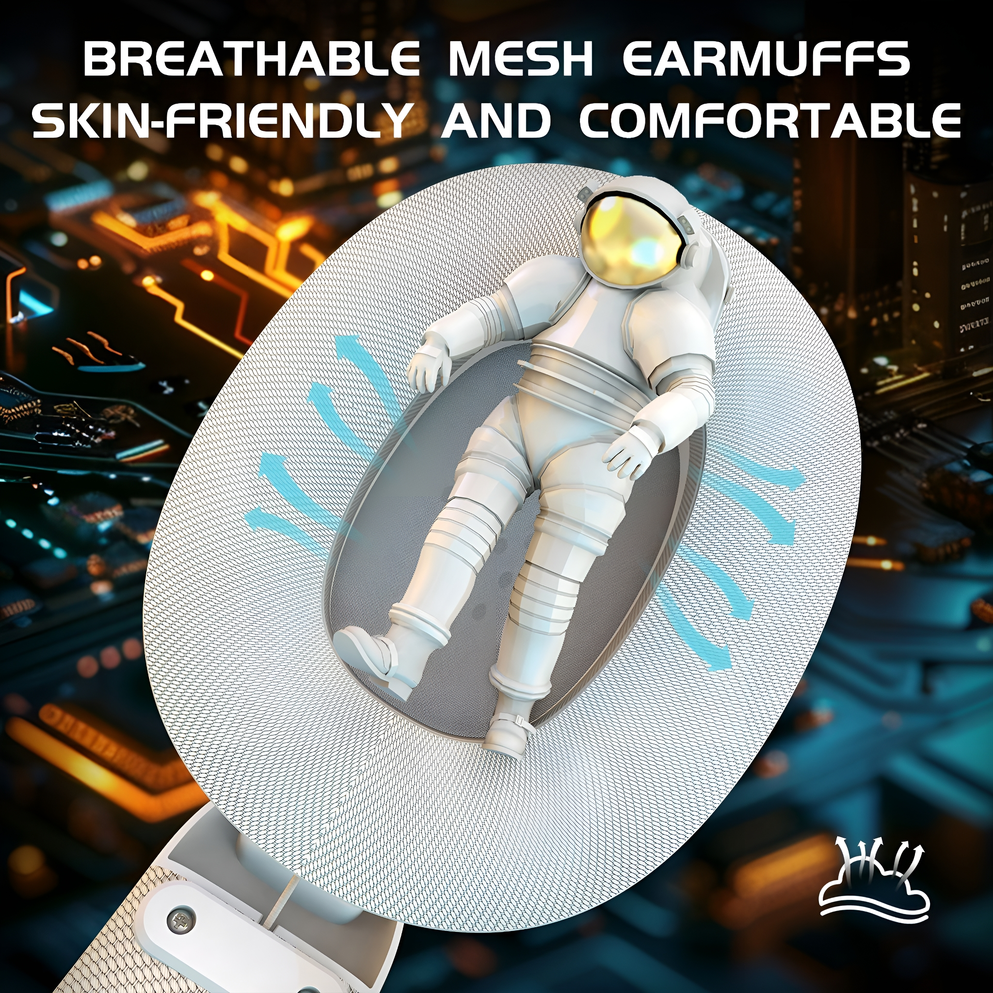Astronaut im weißen Anzug in einem Mesh-Ohrhörer, mit Text oben.