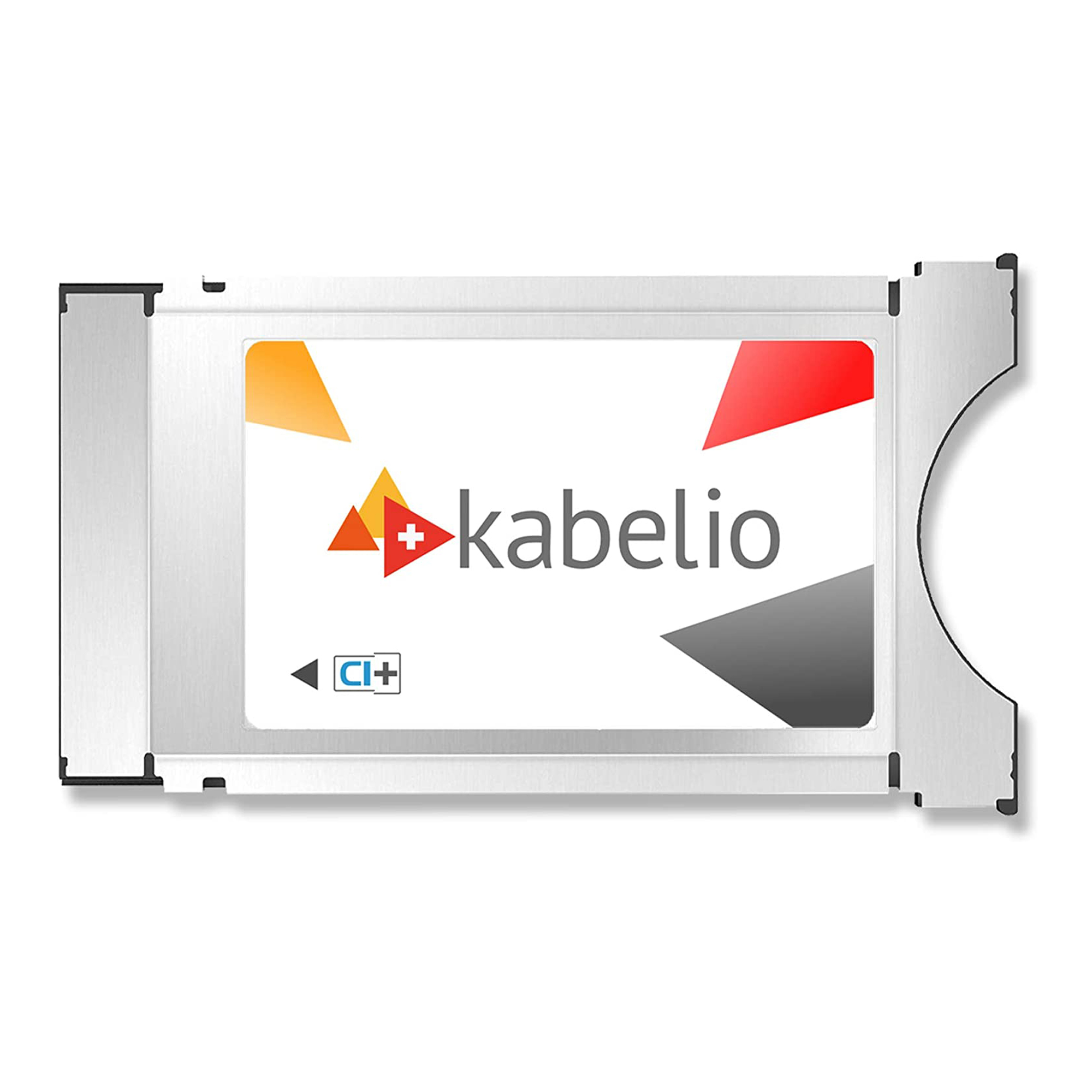 Silbernes CI+ Modul mit Logo für kabelio, einen Schweizer TV-Anbieter. Weißer Hintergrund.