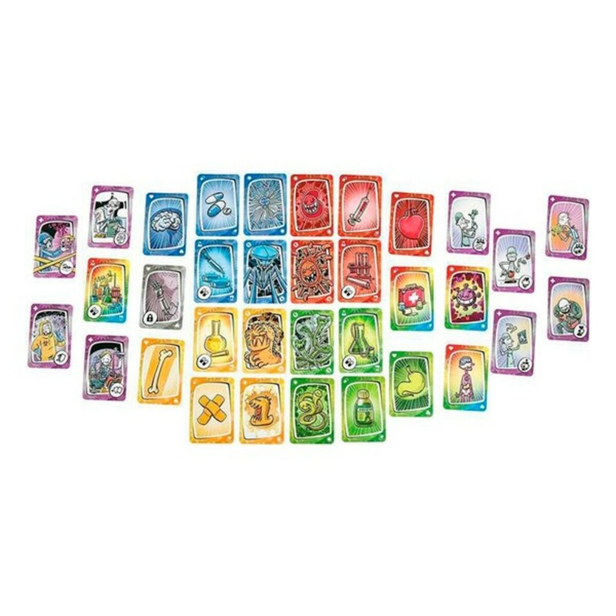 Juego de mesa con muchas cartas pequeñas y coloridas. Las cartas tienen varias ilustraciones y colores. Dispuestas sobre la mesa.