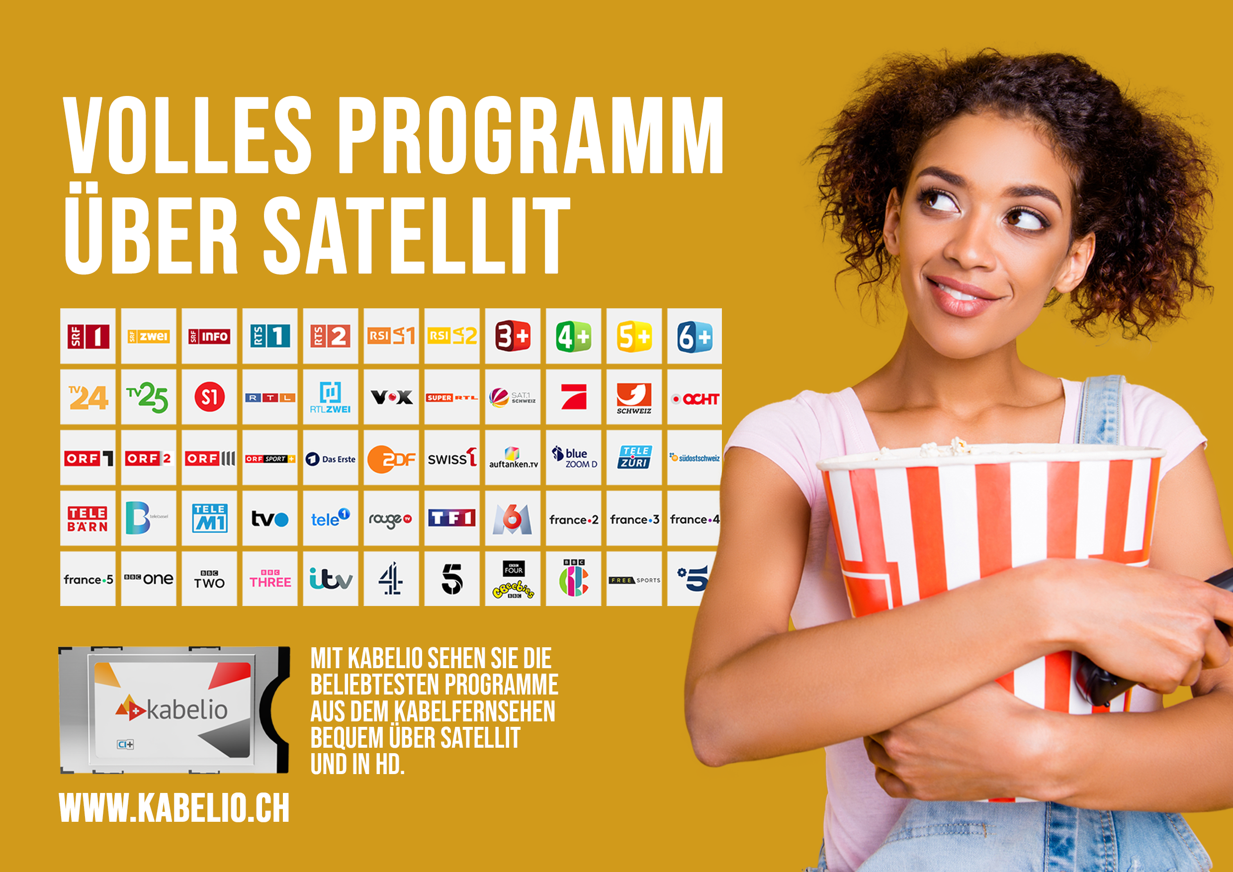 Frau hält Popcorn, lächelt, mit TV-Senderlogos auf gelbem Hintergrund.
