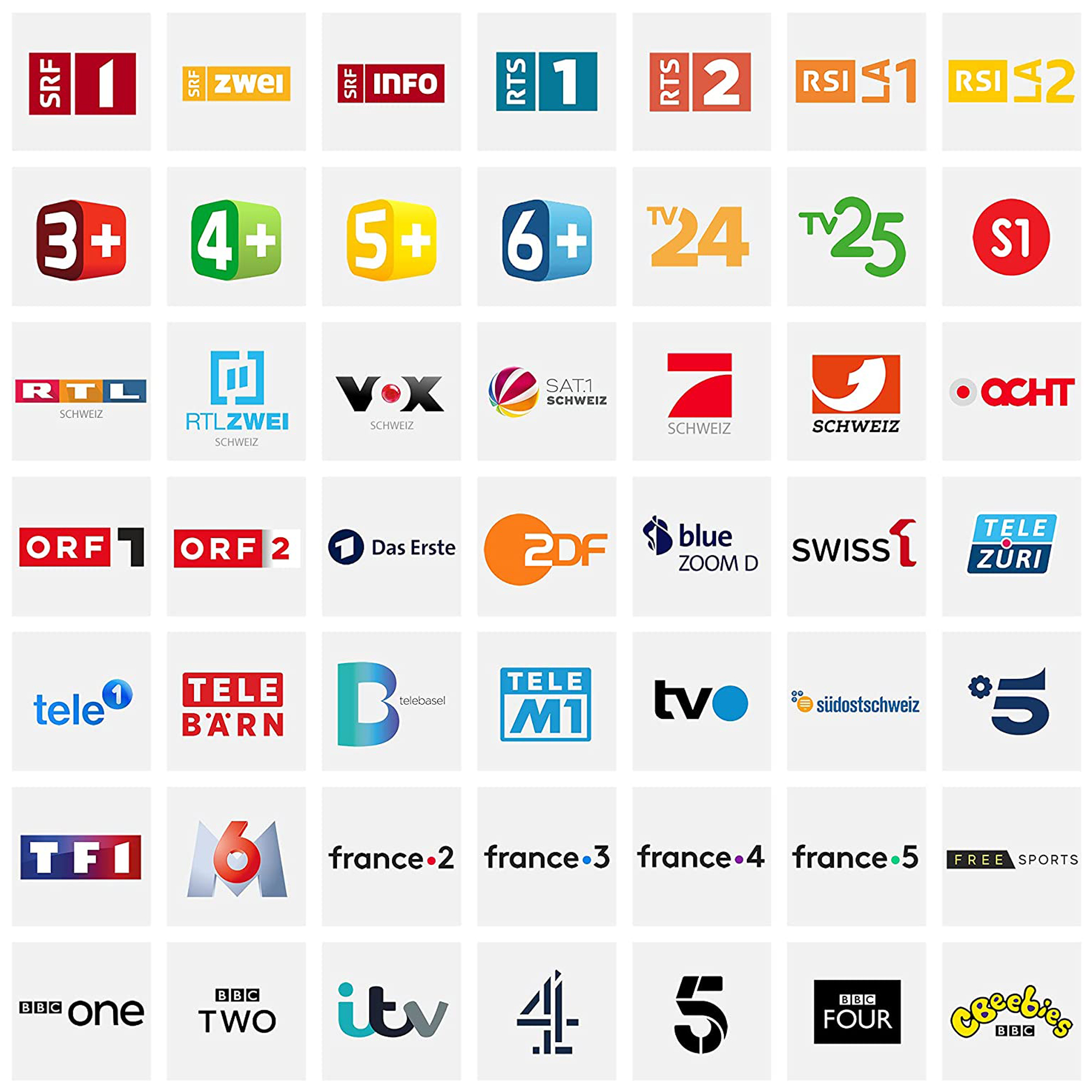 Raster von TV-Senderlogos verschiedener Netzwerke, darunter BBC, ITV, ZDF und andere.
