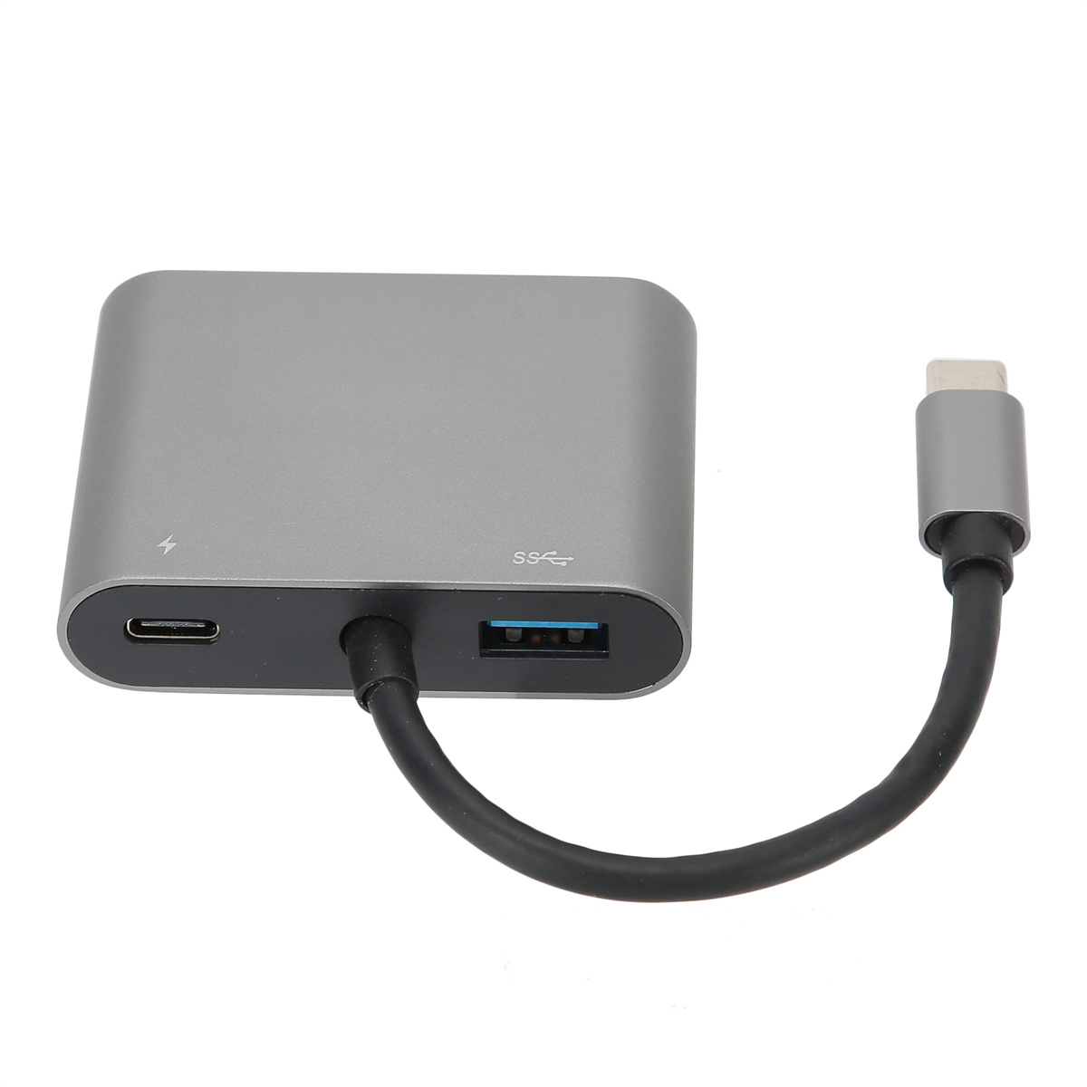 Grauer USB-C-Hub mit USB- und Stromanschlüssen, verbunden mit einem USB-C-Kabel.