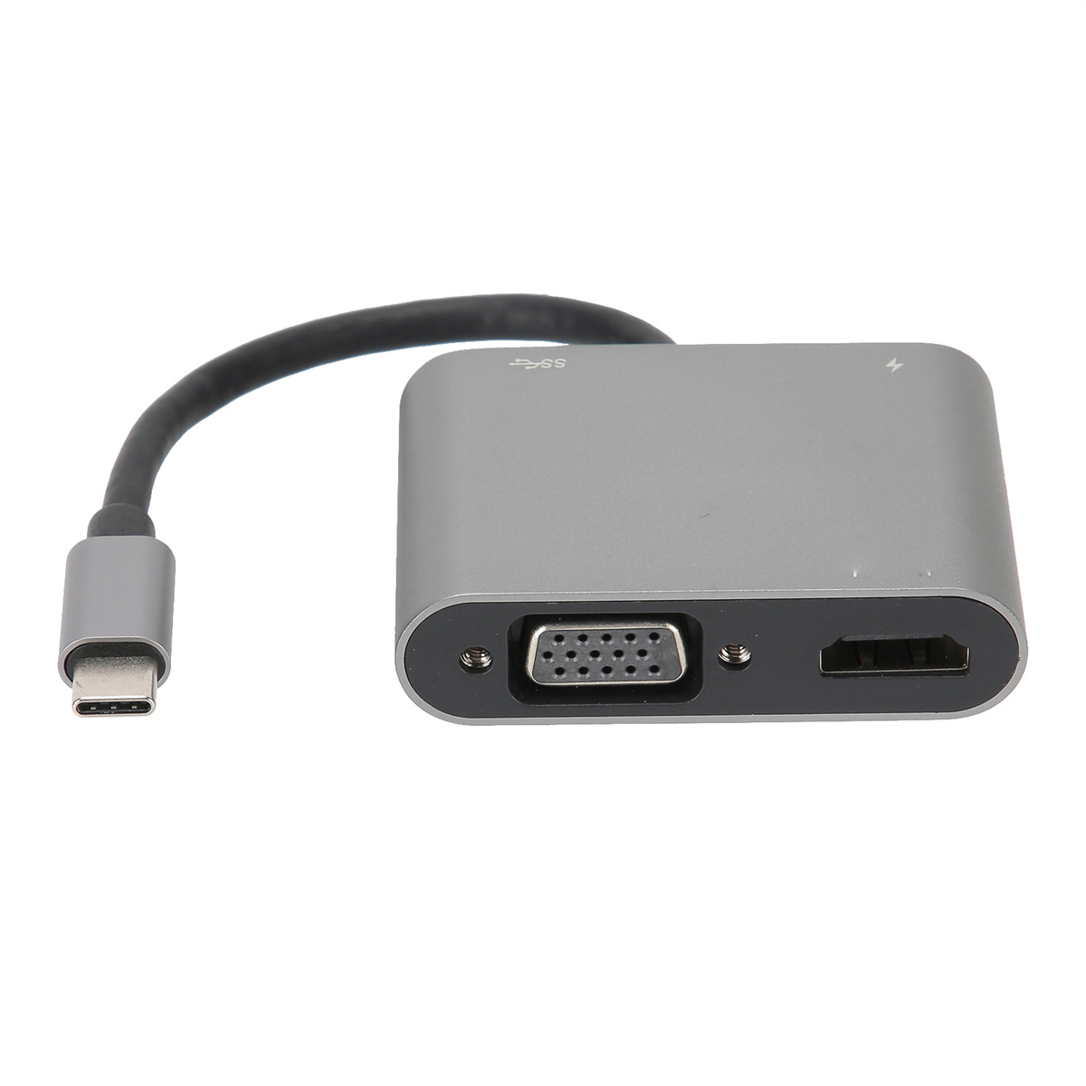 Ein silberner USB-C-Hub mit einem VGA-Anschluss, einem HDMI-Anschluss und einem USB-C-Anschluss.