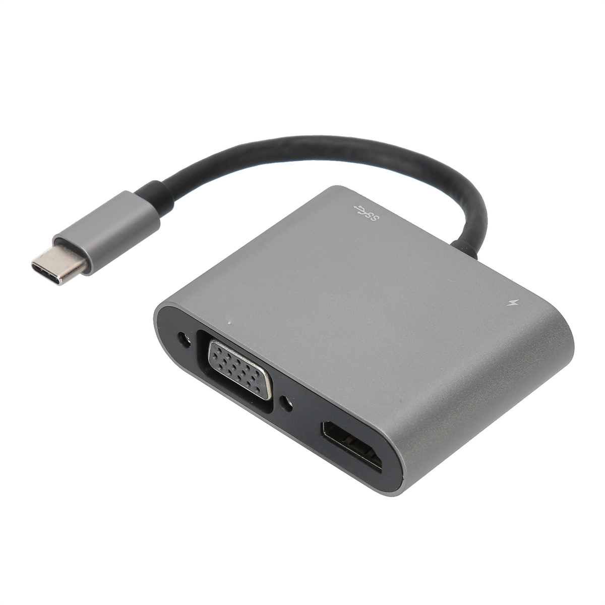 Ein grauer USB-C-Hub mit mehreren Anschlüssen, darunter HDMI und VGA, auf weißem Hintergrund.