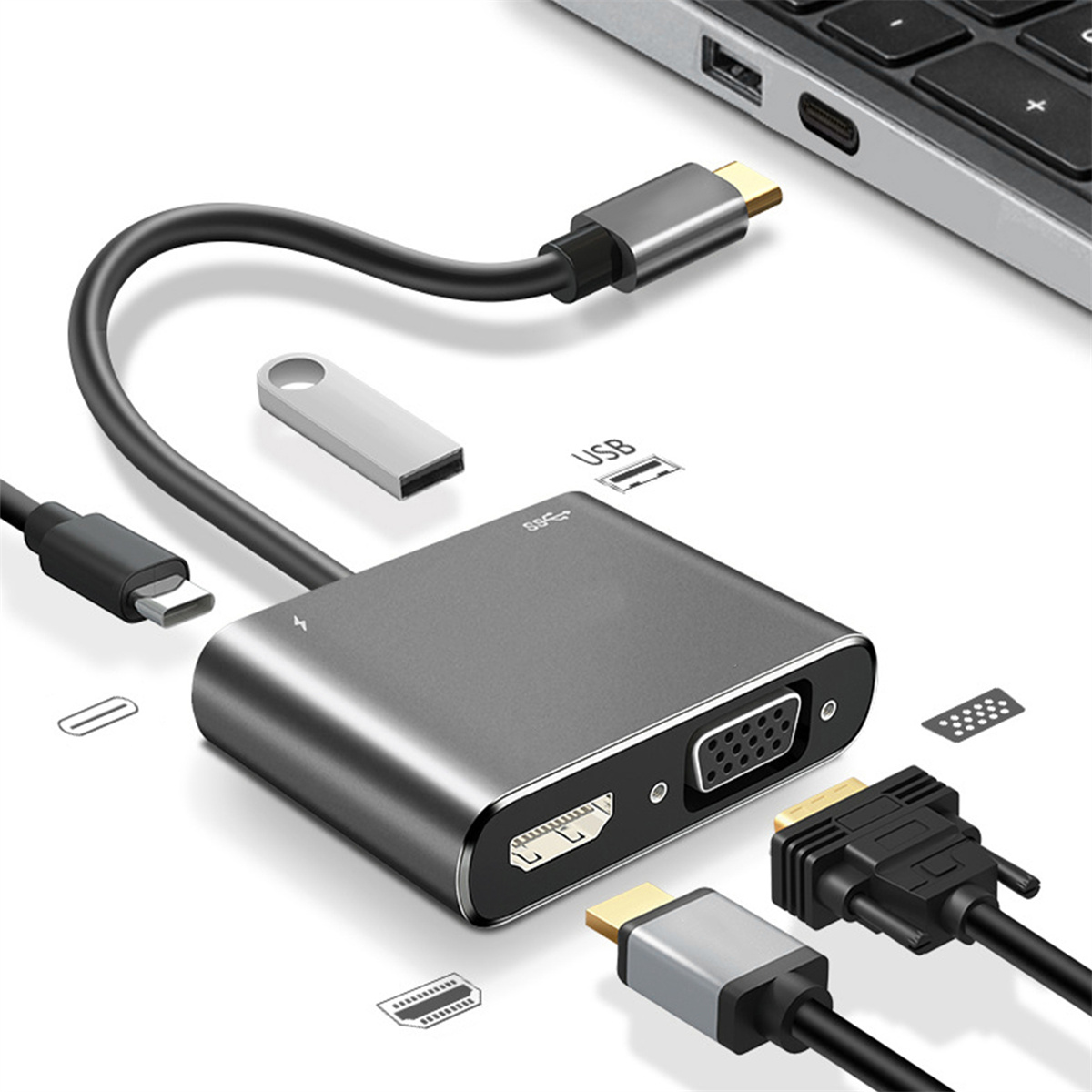 Ein grauer Adapter mit USB, HDMI, VGA und anderen Anschlüssen und Steckern.