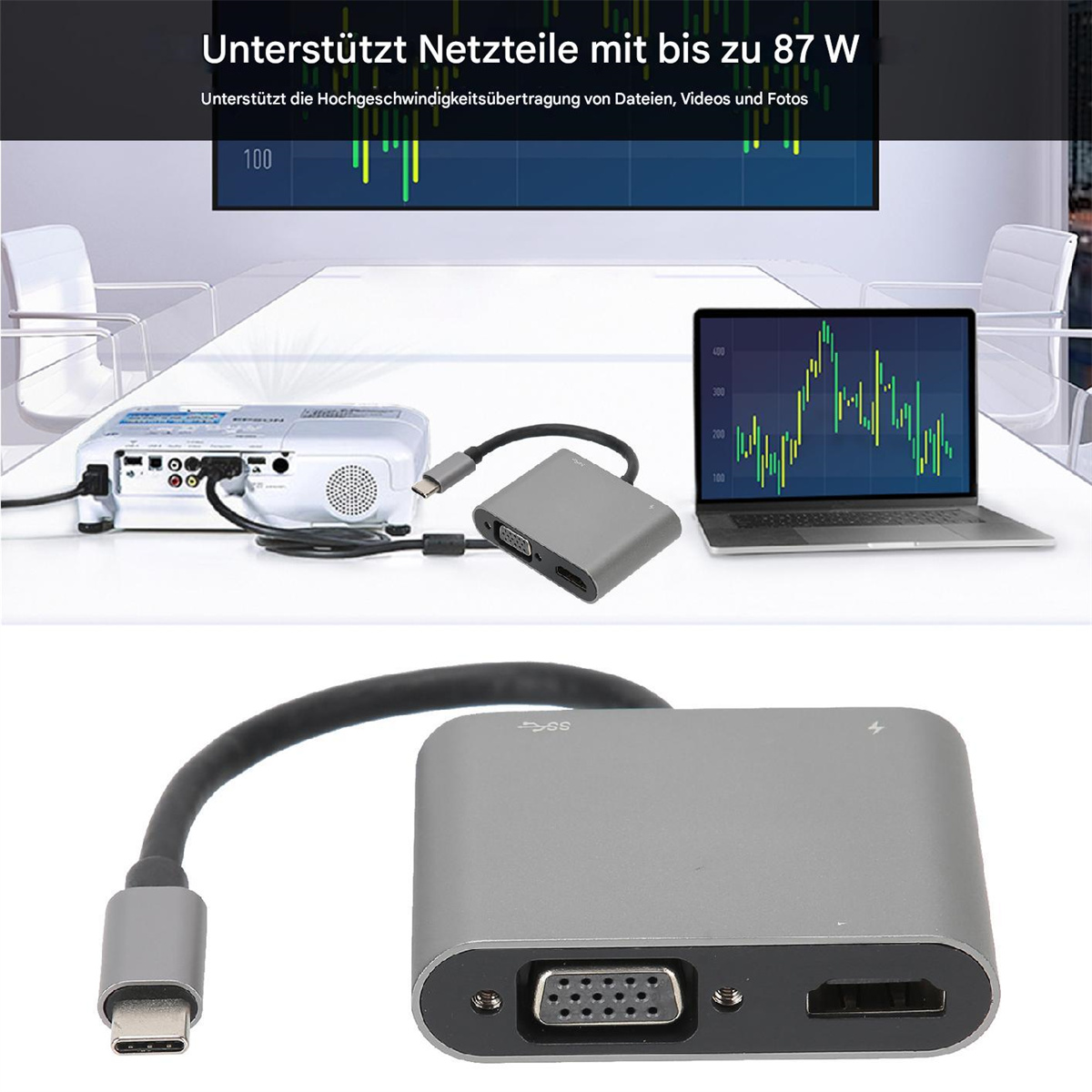 Silberner Multiport-Adapter mit mehreren Anschlüssen, die mit Laptop, Projektor und Bildschirm verbunden sind.