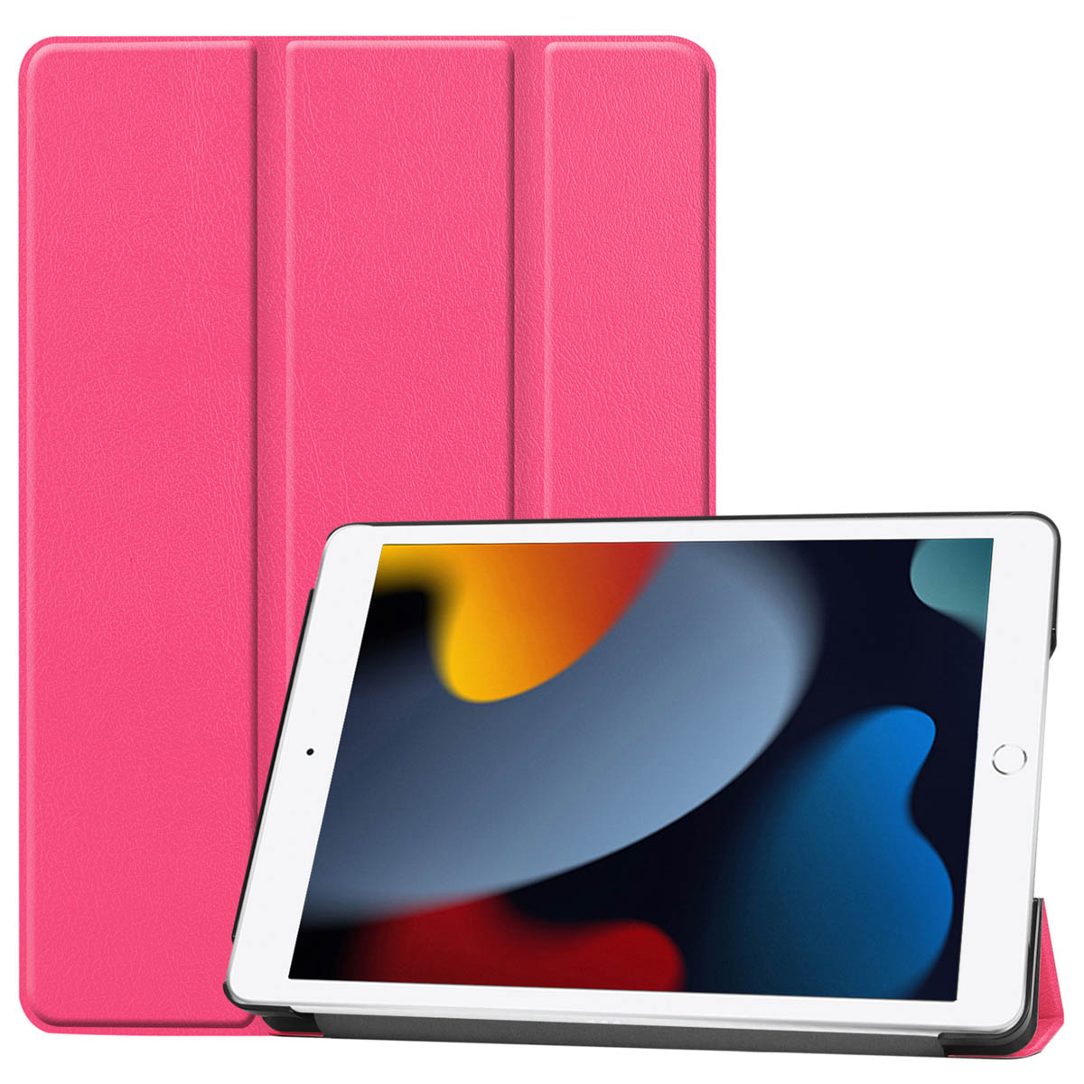A pink tablet case with a tablet is on a white background.