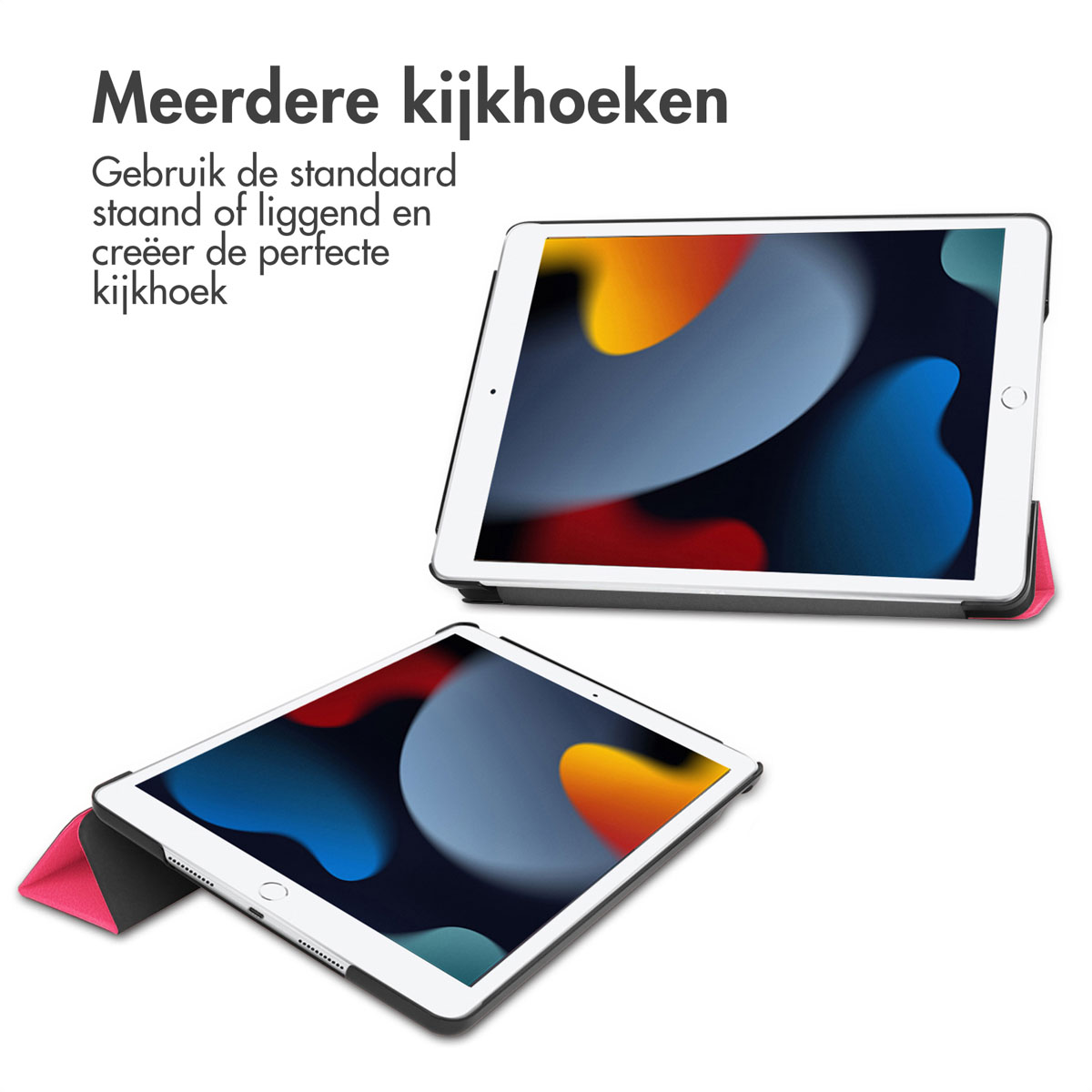 Two tablets in cases, showing screen displays. Text: Multiple viewing angles. Use standard or landscape position.
