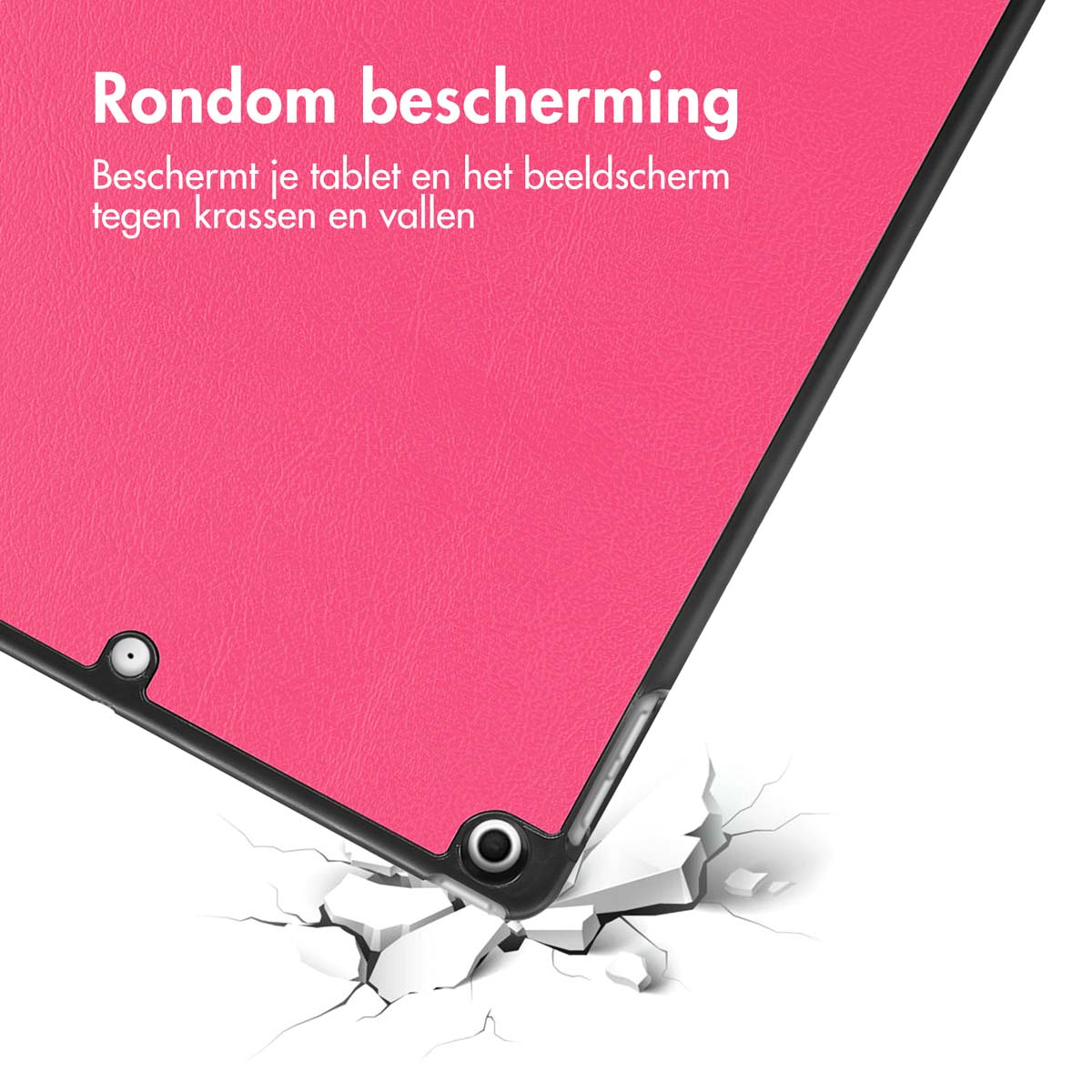 Tablet, pink cover with black frame, breaking a white surface, text about protection.