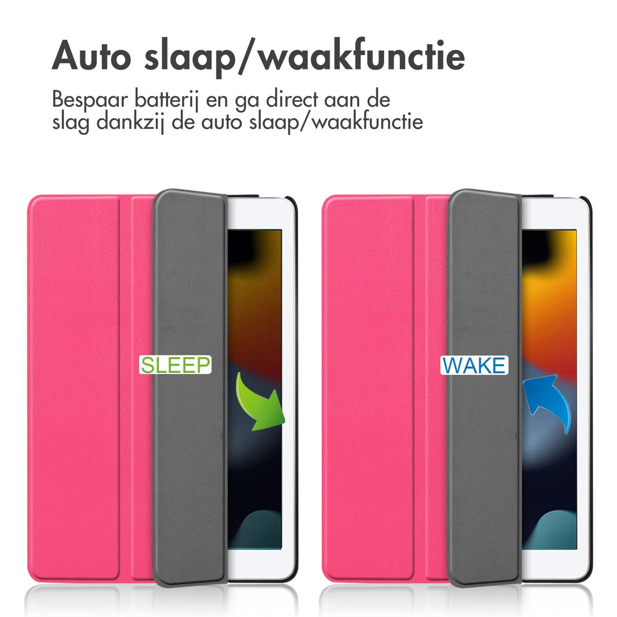 Pink tablet cover with sleep/wake function. Open to show tablet. Labelled with SLEEP and WAKE with corresponding arrows.