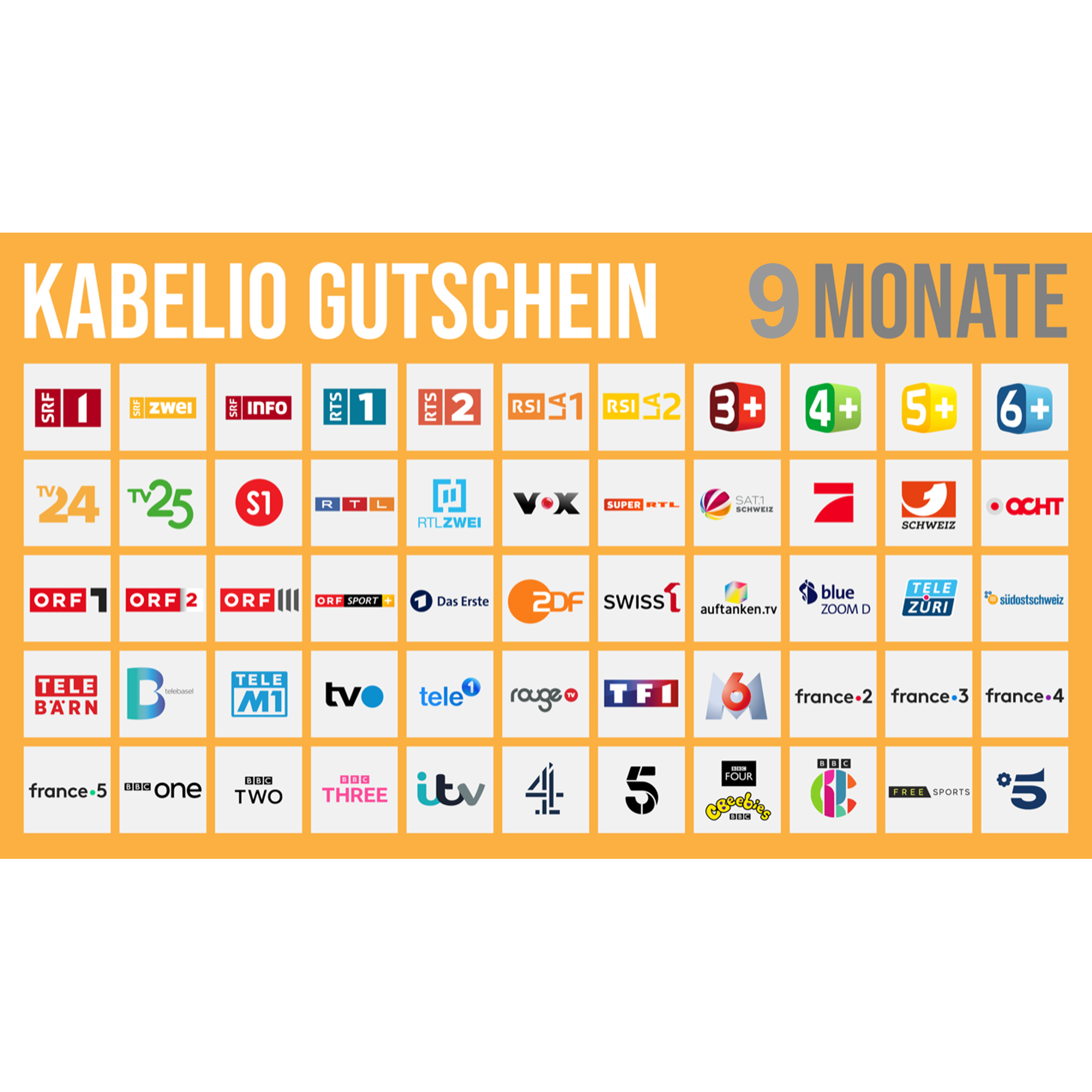 Eine Grafik mit Logos von Fernsehkanälen und den Worten "Kabelio Gutschein 9 Monate."