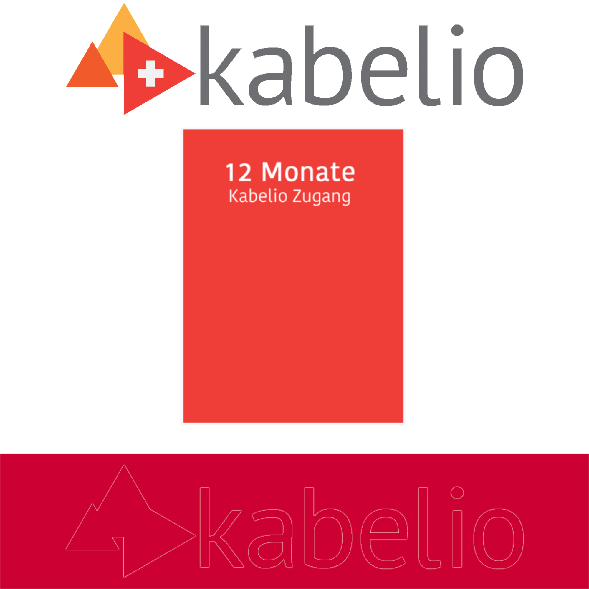 Ein rotes Quadrat mit Logo und Text. Der Text lautet '12 Monate Kabelio Zugang'.