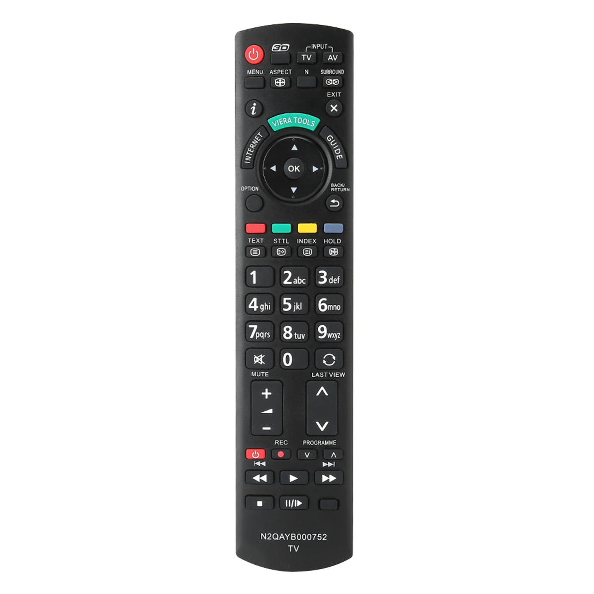 Eine schwarze TV-Fernbedienung mit Tasten für verschiedene Funktionen, einschließlich Zahlen und Navigation.