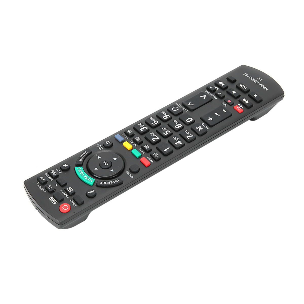 Eine schwarze Panasonic-Fernbedienung mit verschiedenen Tasten für TV-Funktionen, einschließlich Kanal- und Lautstärkereglern.