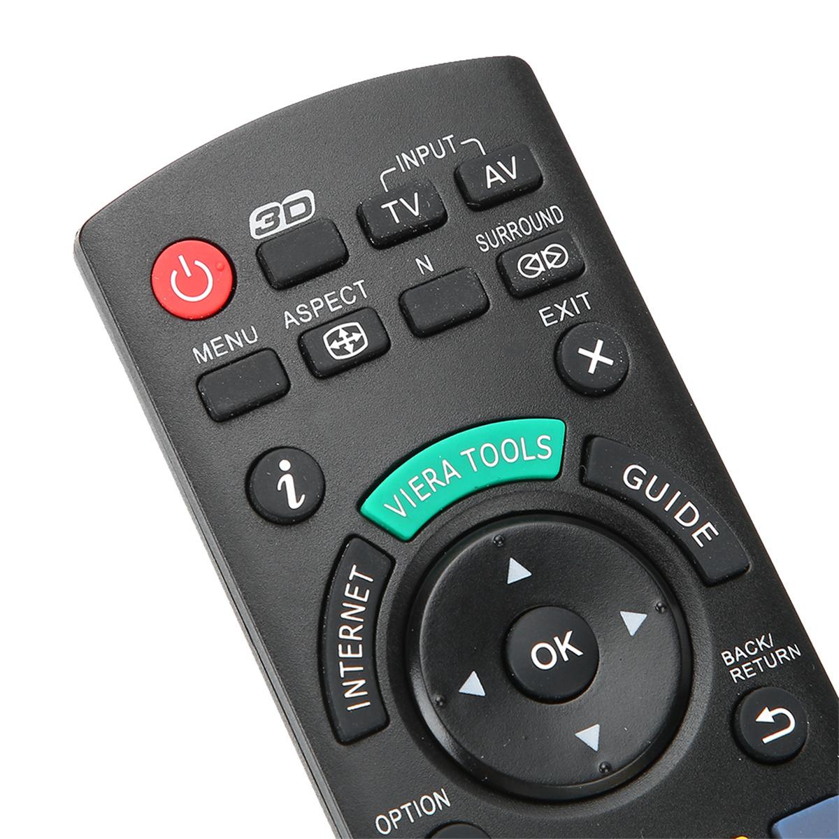 Nahaufnahme einer schwarzen TV-Fernbedienung mit verschiedenen Knöpfen und Beschriftungen.