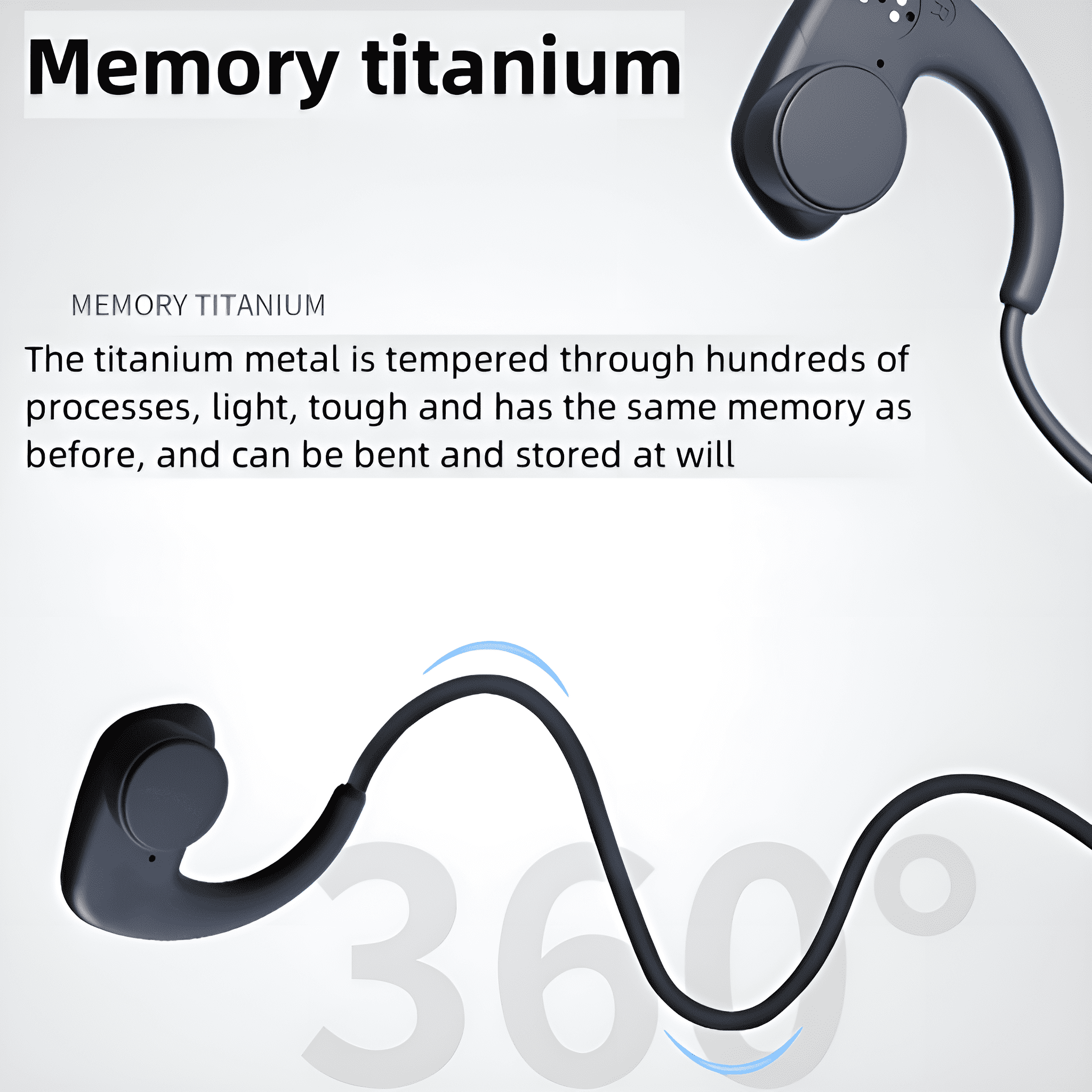 Dunkelgrauer Memory-Titan-Kopfhörer mit gebogenem Nackenband und Textbeschreibung.