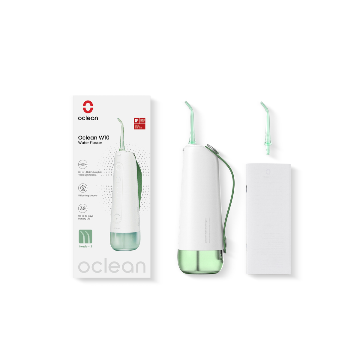 Oclean W10 Wasserflosser. Weißes und grünes Gerät mit Zubehör und Verpackung.