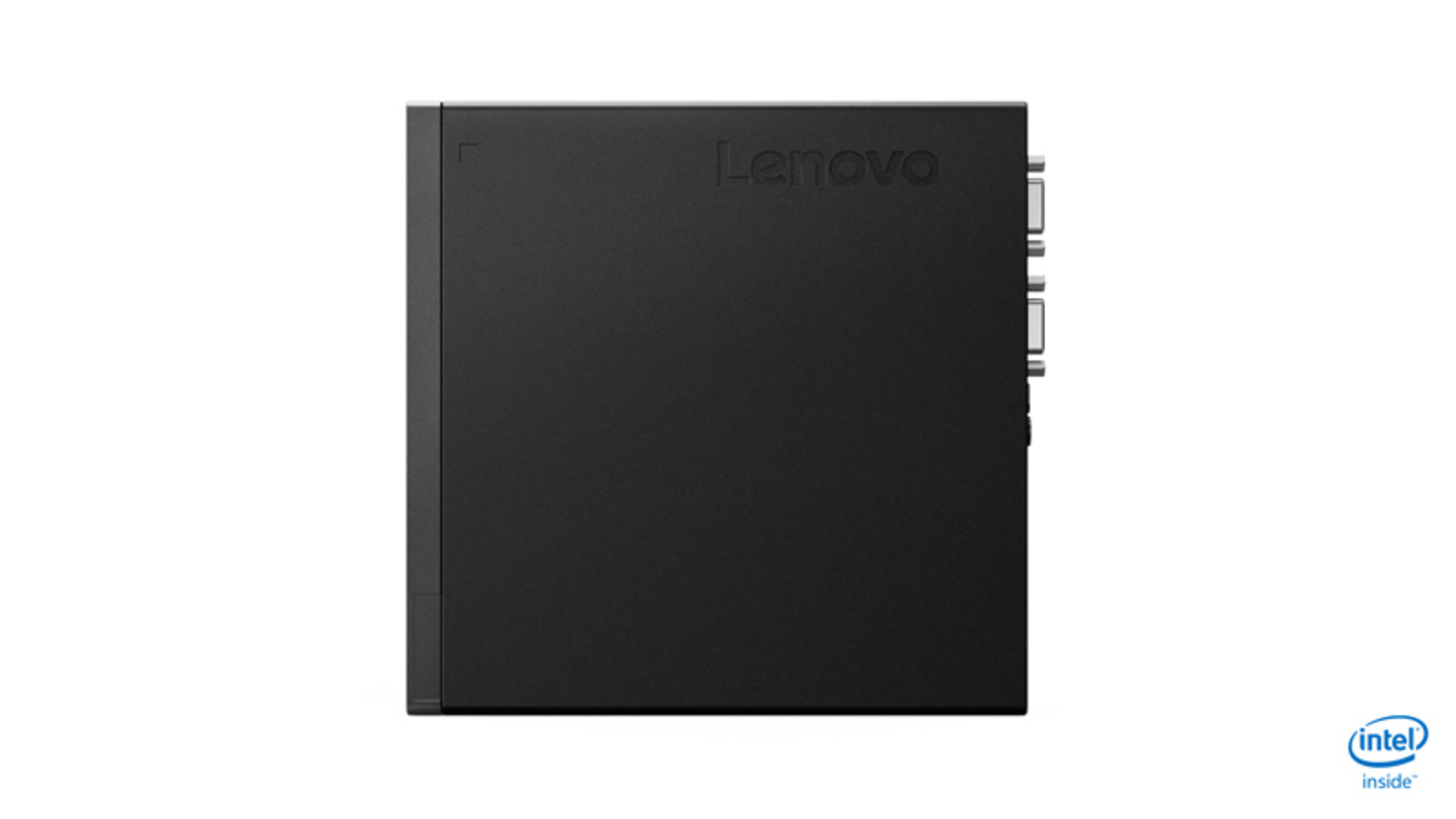 Schwarzer Lenovo-Computer, Seitenansicht, mit Anschlüssen und Intel Inside-Logo.