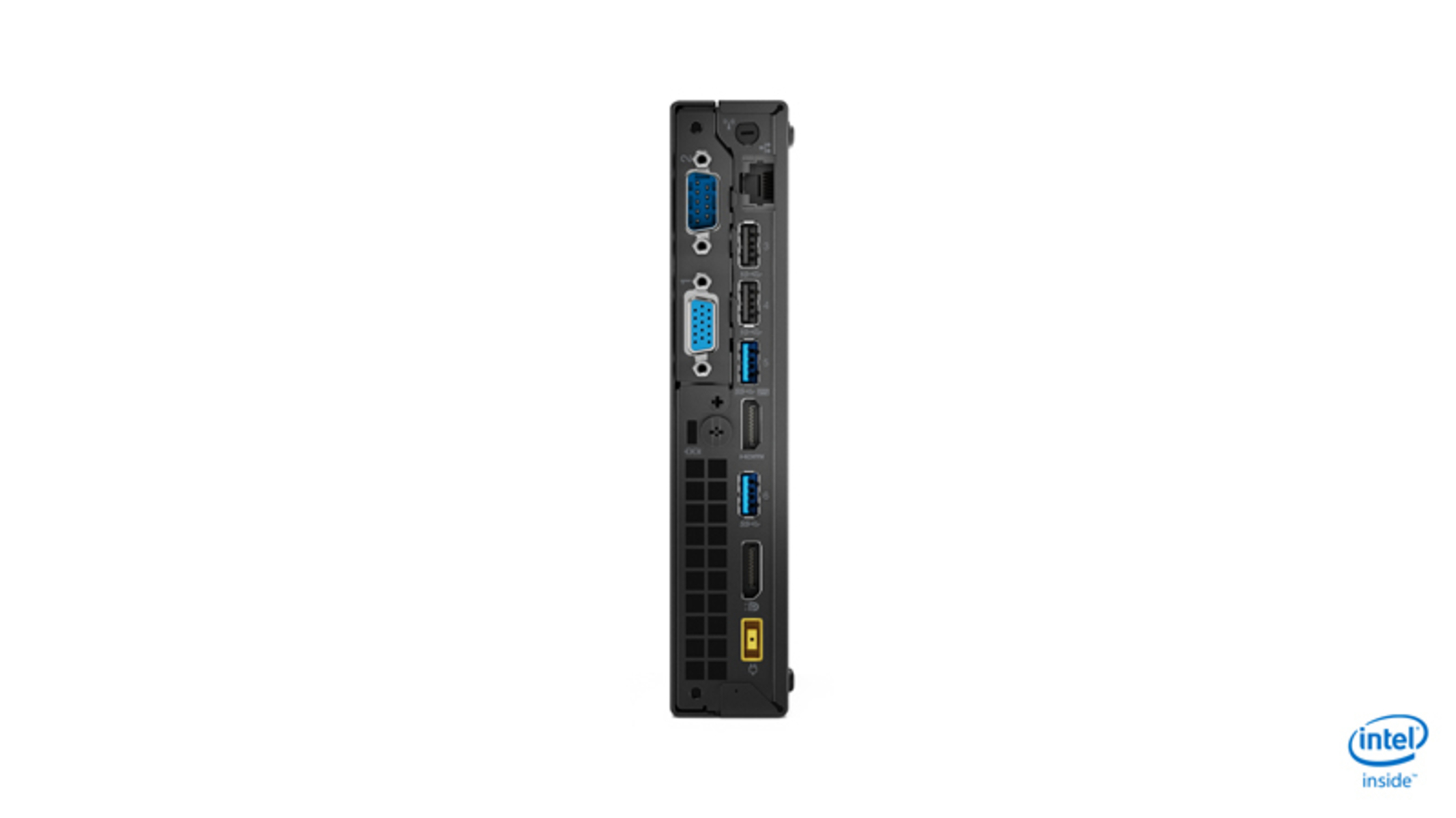 Ein kleiner schwarzer Computer mit Anschlüssen an der Seite, einschließlich USB und HDMI, auf weißem Hintergrund.