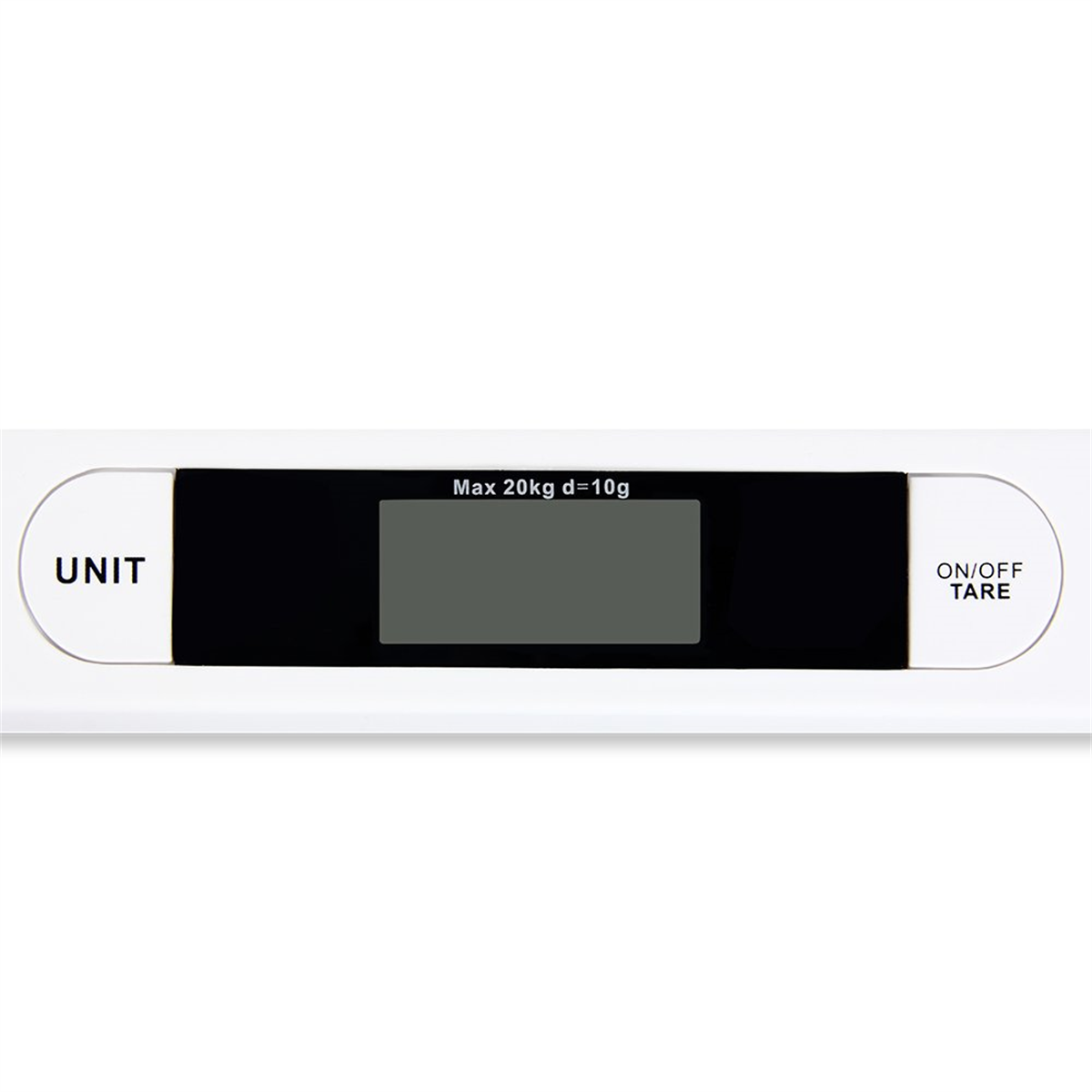 Eine Digitalwaage mit schwarzem Display. Der Text lautet: Max 20kg d=10g. Unit und On/Off Tare Tasten.