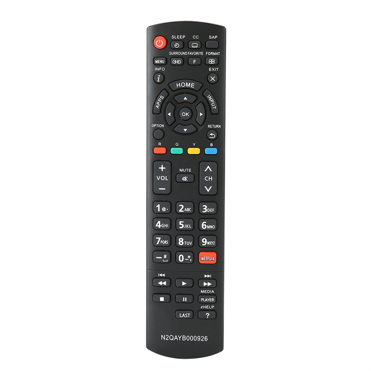Schwarze Fernbedienung mit mehreren Tasten, darunter Ein/Aus, Lautstärke und Netflix.