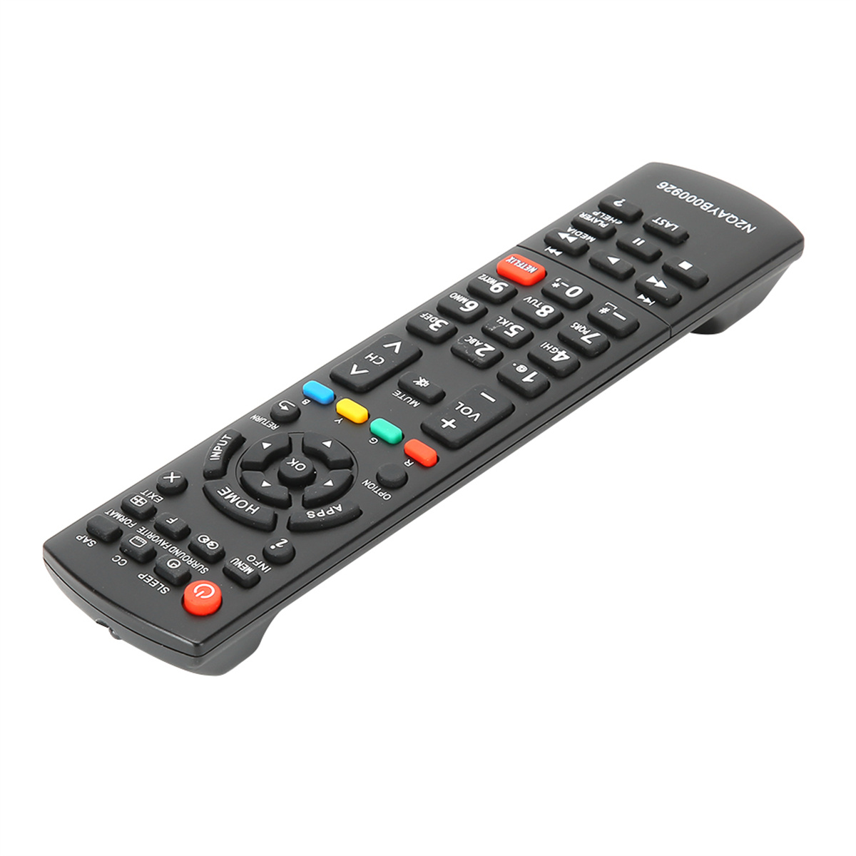 Schwarze TV-Fernbedienung mit vielen Tasten, Modell N20AYB00026.
