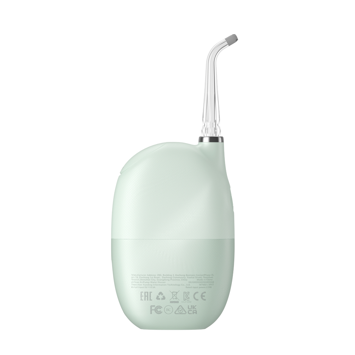 Ein mintgrüner Wasserflosser mit langer, dünner Düse. Text und Symbole auf der Rückseite.