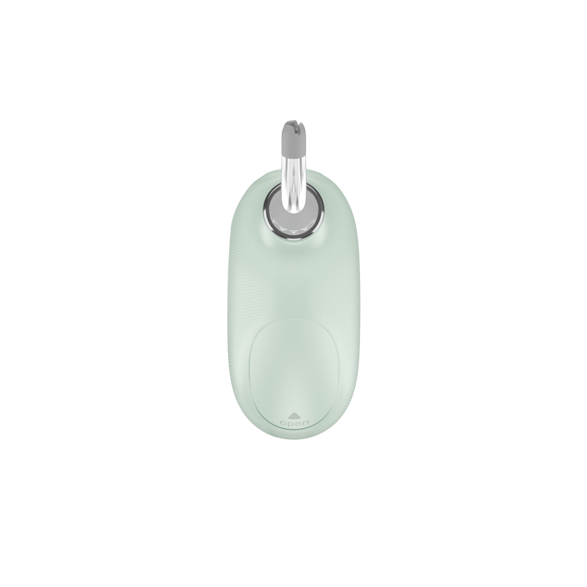 Minzgrüner Epilierer. Ovale Form, silberne Akzente und eine kleine 'open'-Anzeige.