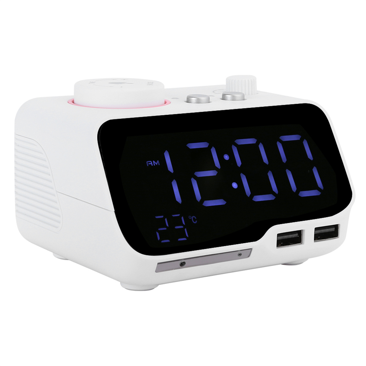 Weißer digitaler Wecker mit Anzeige 12:00 und 23 Grad. Er hat USB-Anschlüsse und Tasten für Einstellungen.