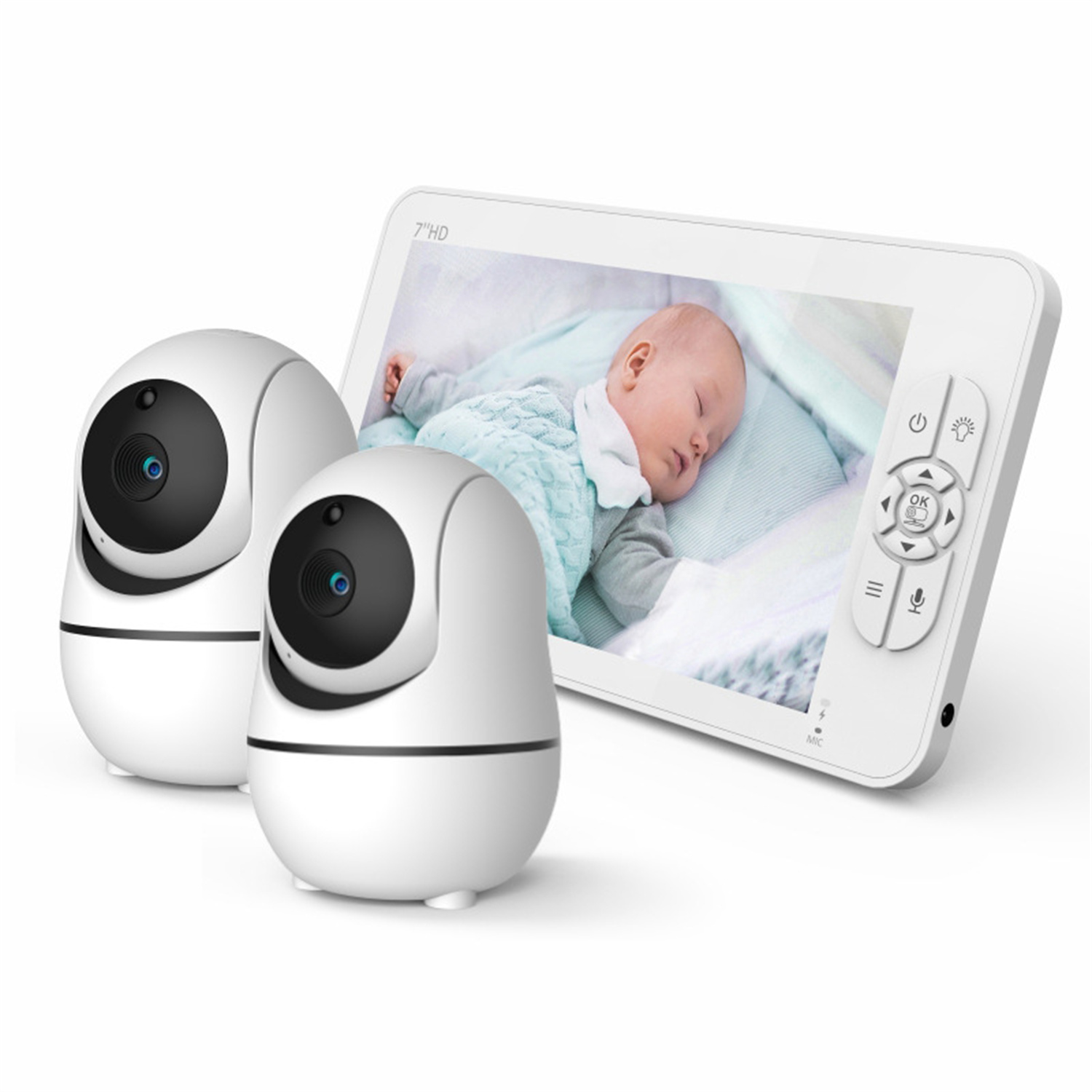 Ein Babyphone mit zwei Kameras und einem Bildschirm, der ein schlafendes Baby zeigt.