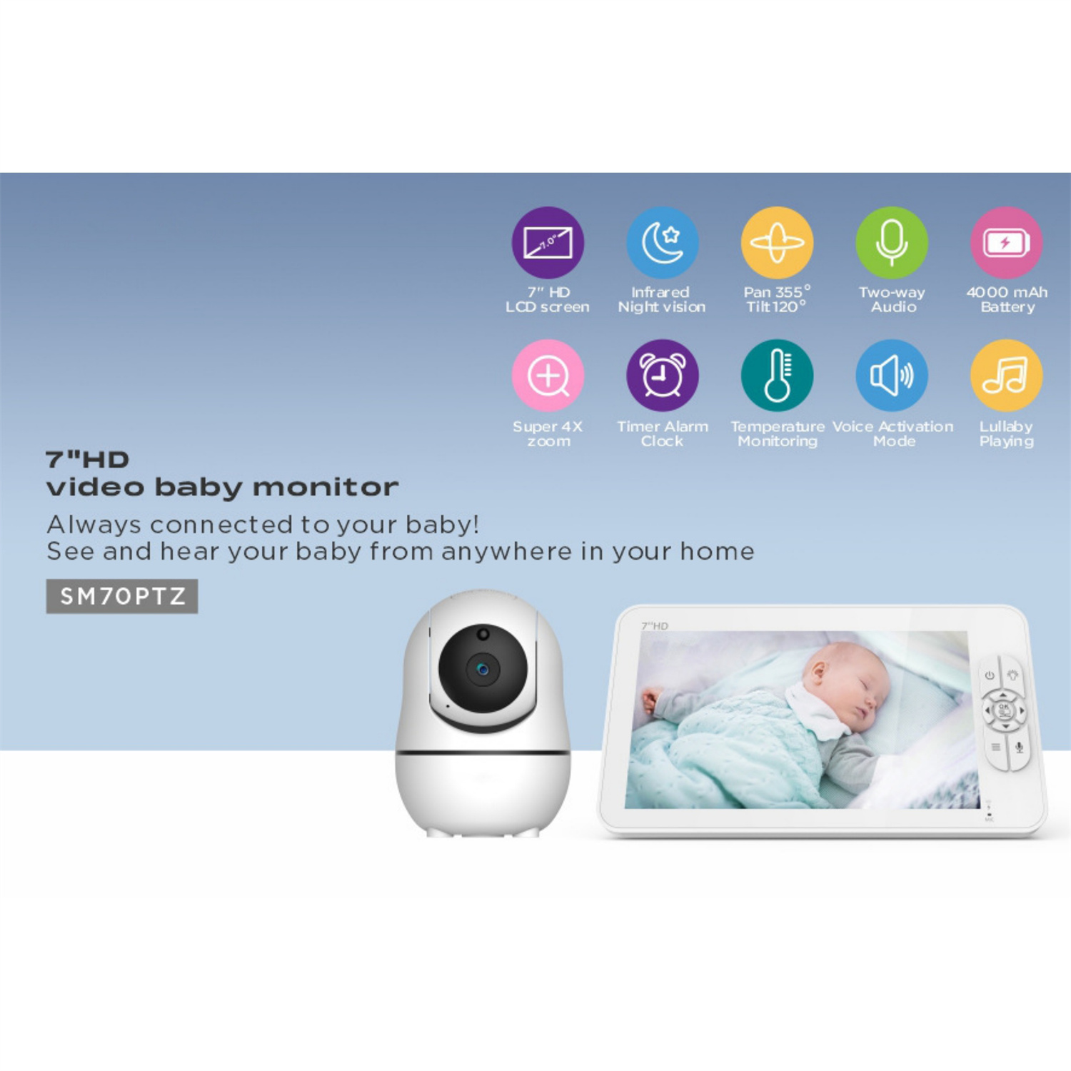 Ein weißer Babyphone mit Kamera und Bildschirm, Baby schläft. Symbole drumherum.