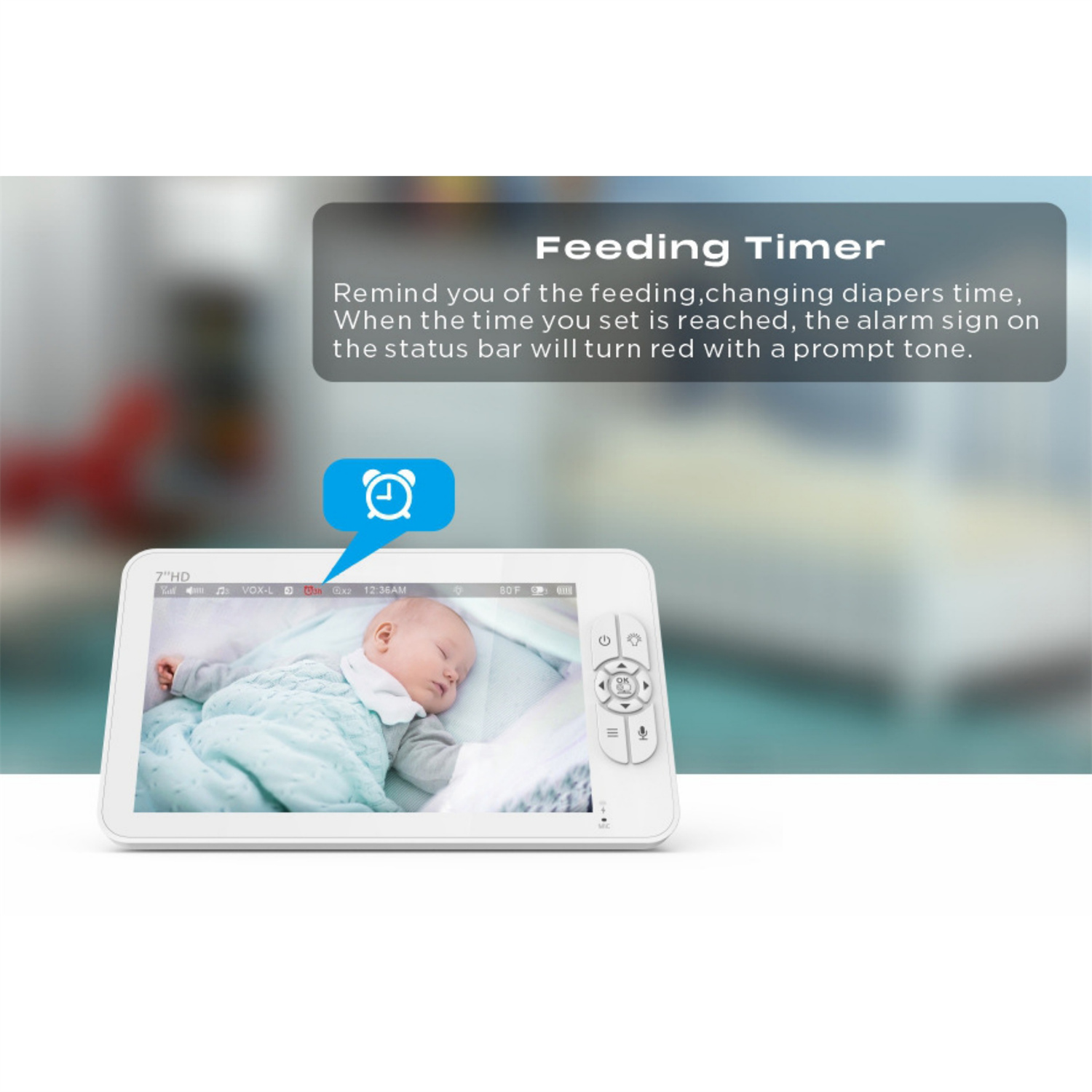 Babyphone-Bildschirm mit schlafendem Baby. Text zeigt Fütterungs-Timer-Funktion an.