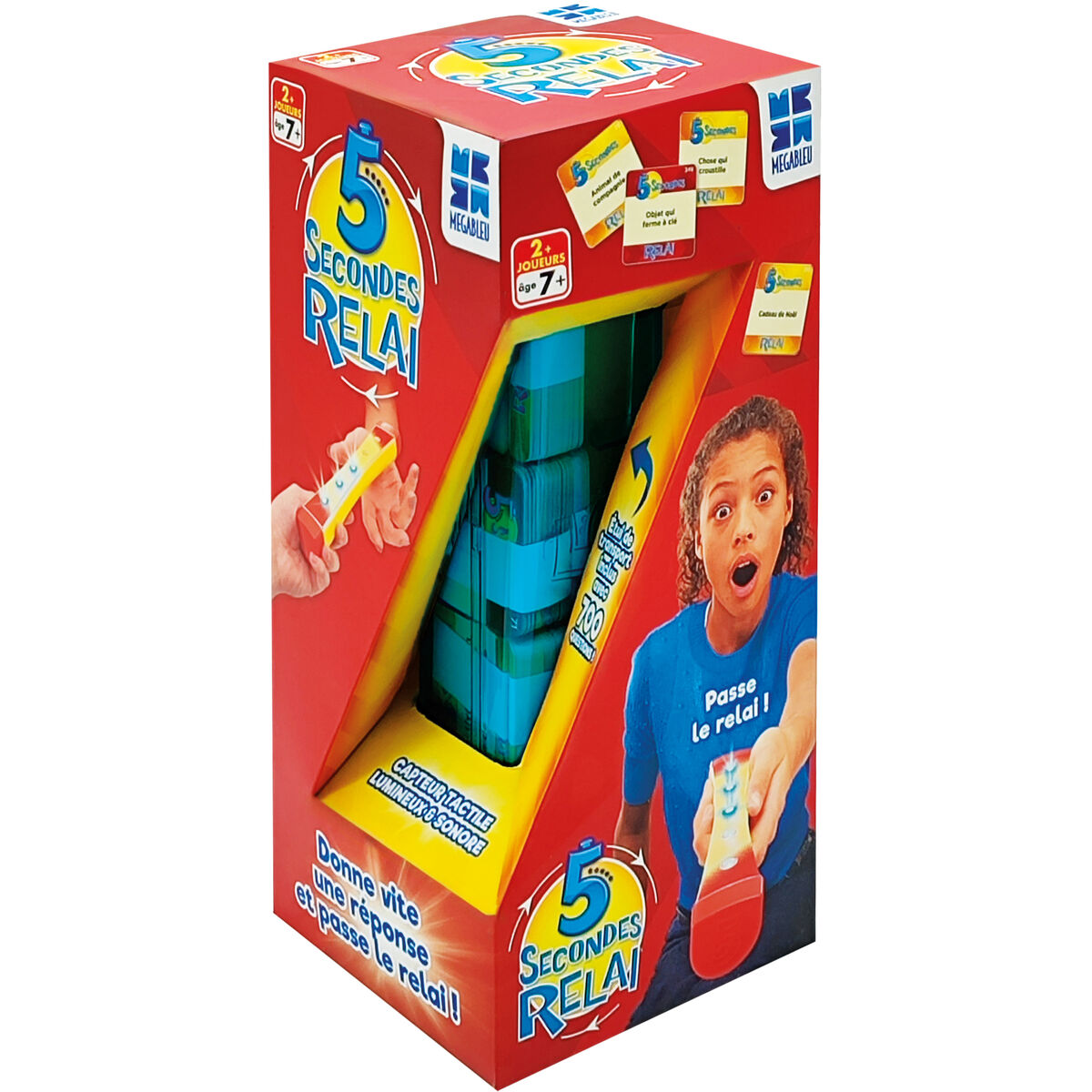 Pudełko gry planszowej. Dziewczyna trzyma brzęczyk, a pudełko pokazuje ułożone w stos karty odpowiedzi.