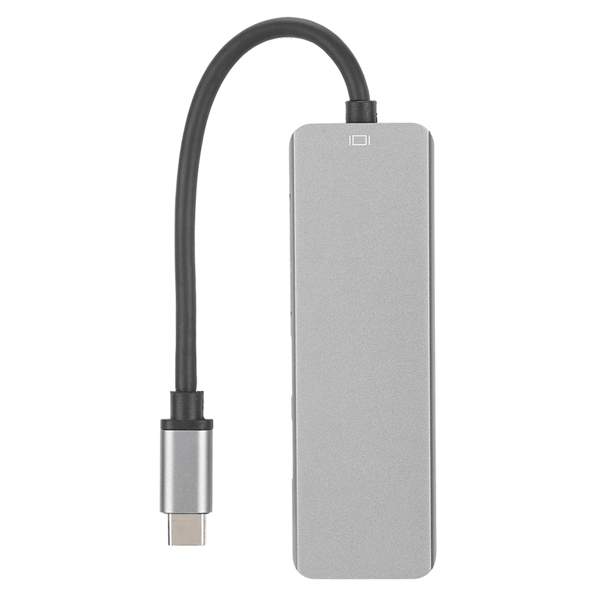 Ein silberner USB-C-Adapter mit einem schwarzen Kabel.